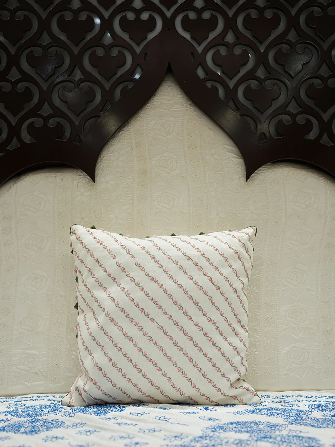 Ada Hand Embroidered Cream Cotton Lucknowi Chikankari Cushion Cover 01A125357