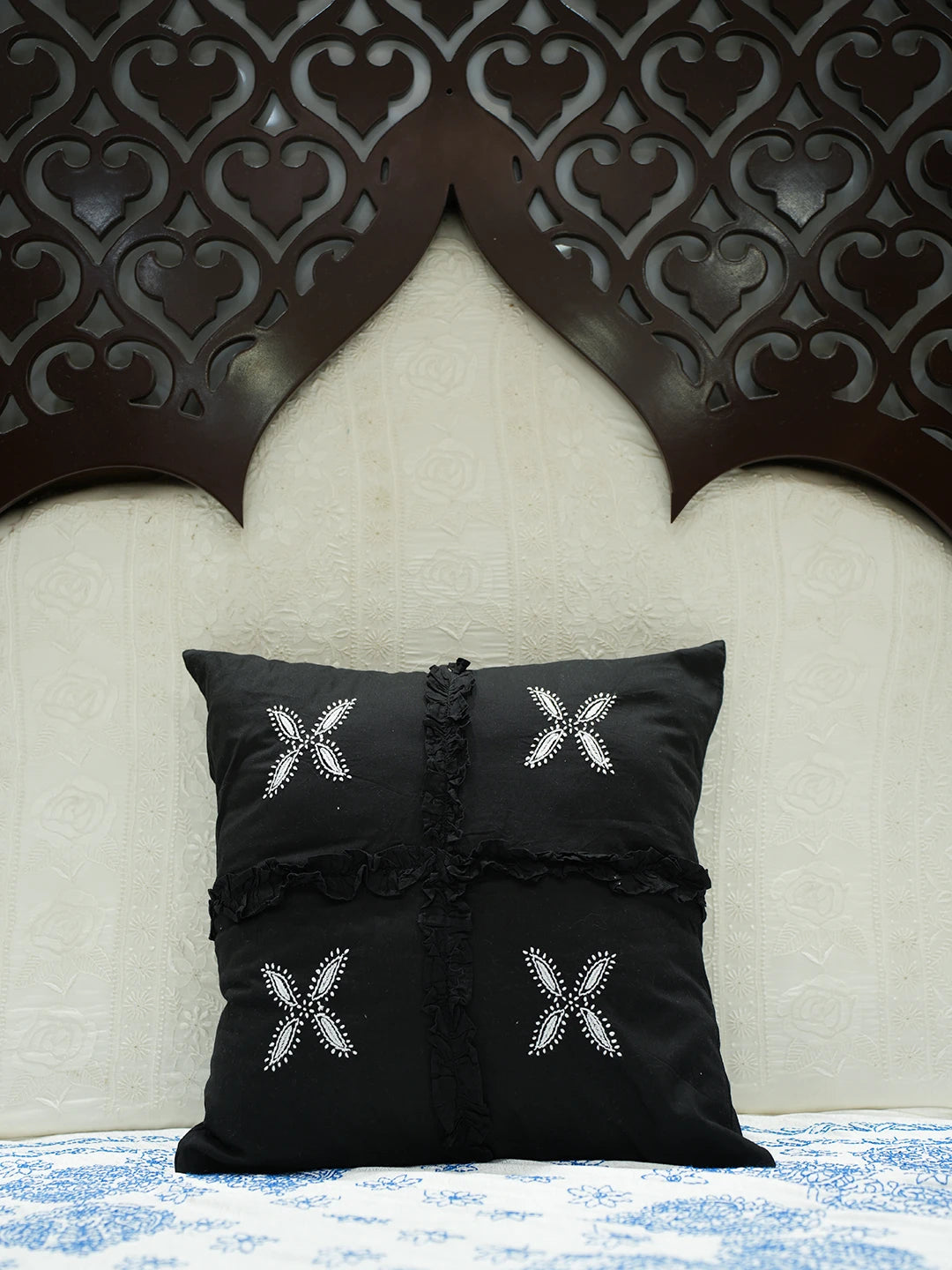 Ada Hand Embroidered Black Cotton Lucknowi Chikankari Cushion Cover 01A540378