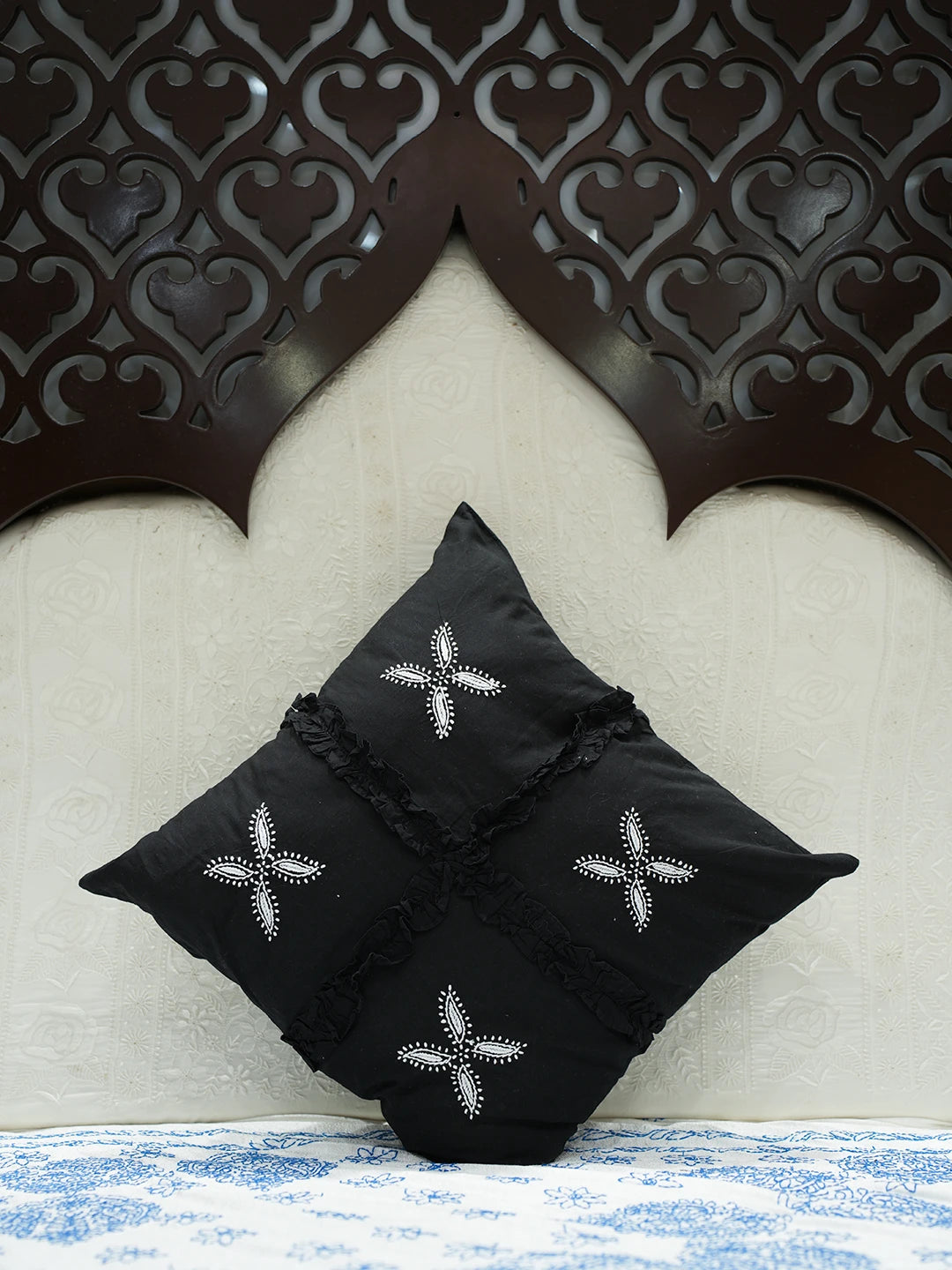 Ada Hand Embroidered Black Cotton Lucknowi Chikankari Cushion Cover 01A540378