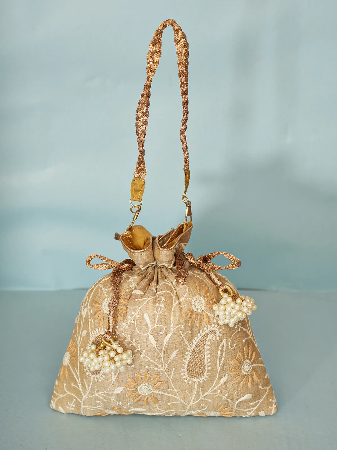 Ada Hand Embroidered Fawn Silk Lucknowi Chikankari Potli Bag With Zari Work 01A578144