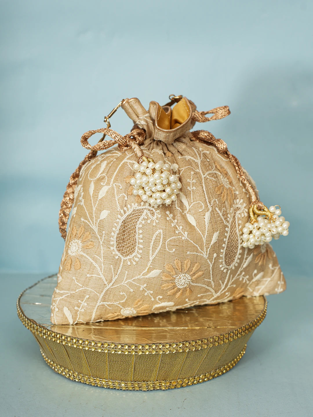 Ada Hand Embroidered Fawn Silk Lucknowi Chikankari Potli Bag With Zari Work 01A578144