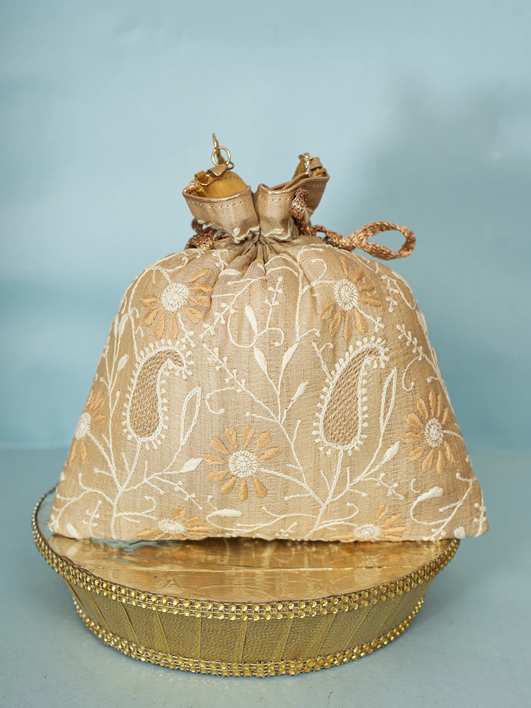Ada Hand Embroidered Fawn Silk Lucknowi Chikankari Potli Bag With Zari Work 01A578144