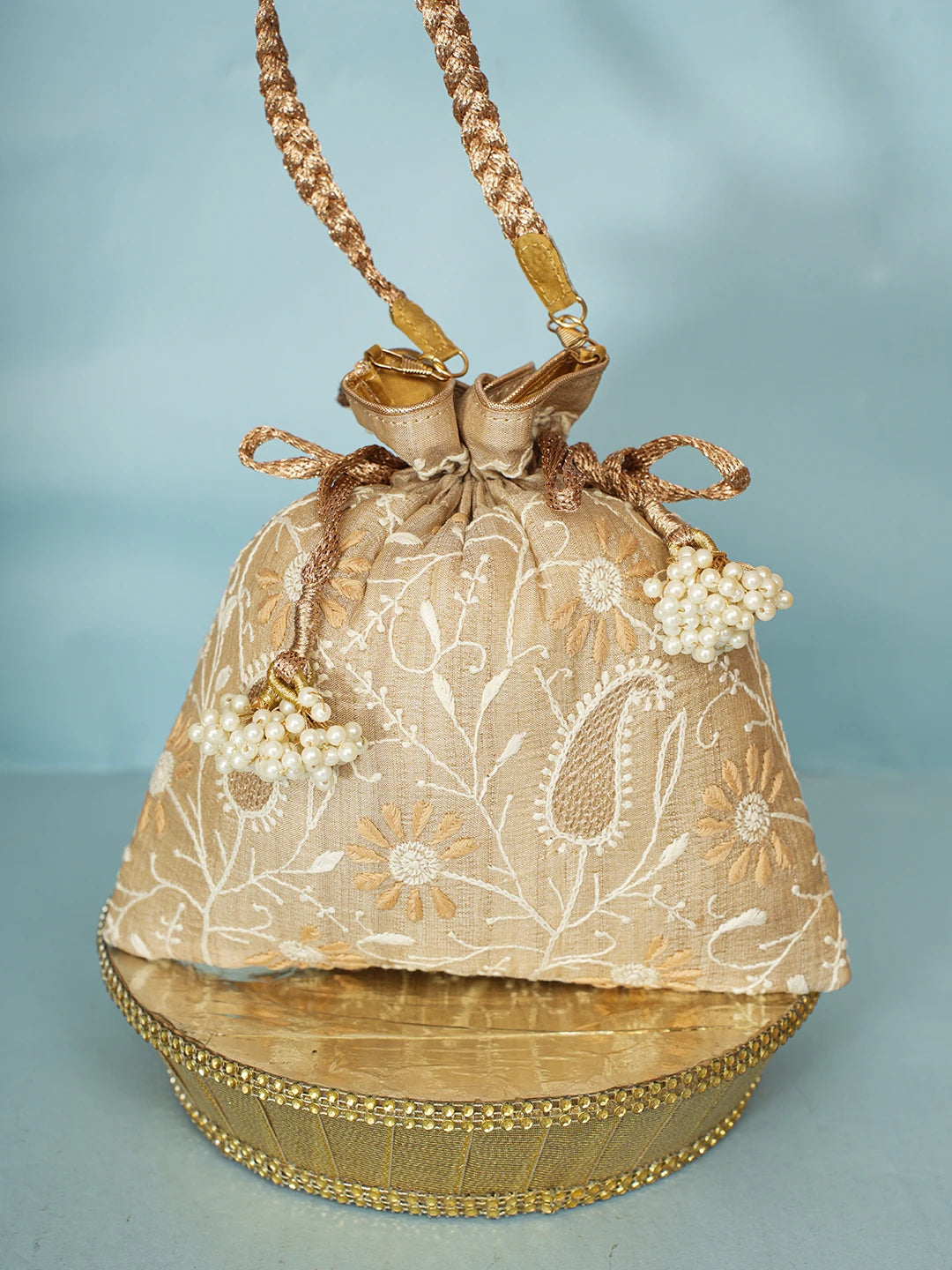Ada Hand Embroidered Fawn Silk Lucknowi Chikankari Potli Bag With Zari Work 01A578144