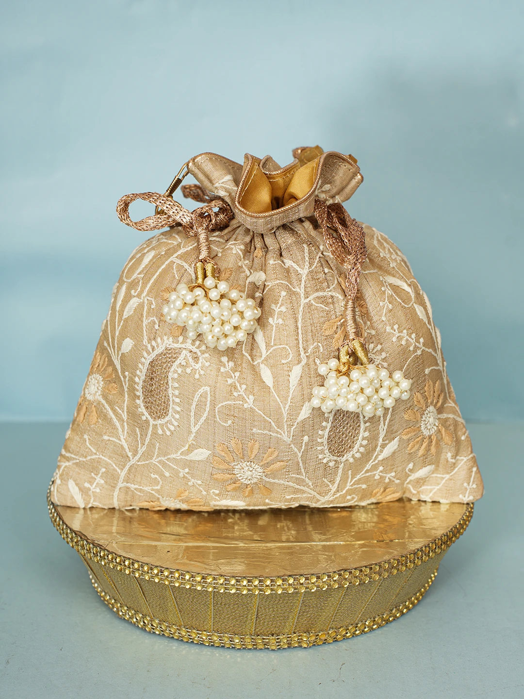 Ada Hand Embroidered Fawn Silk Lucknowi Chikankari Potli Bag With Zari Work 01A578144