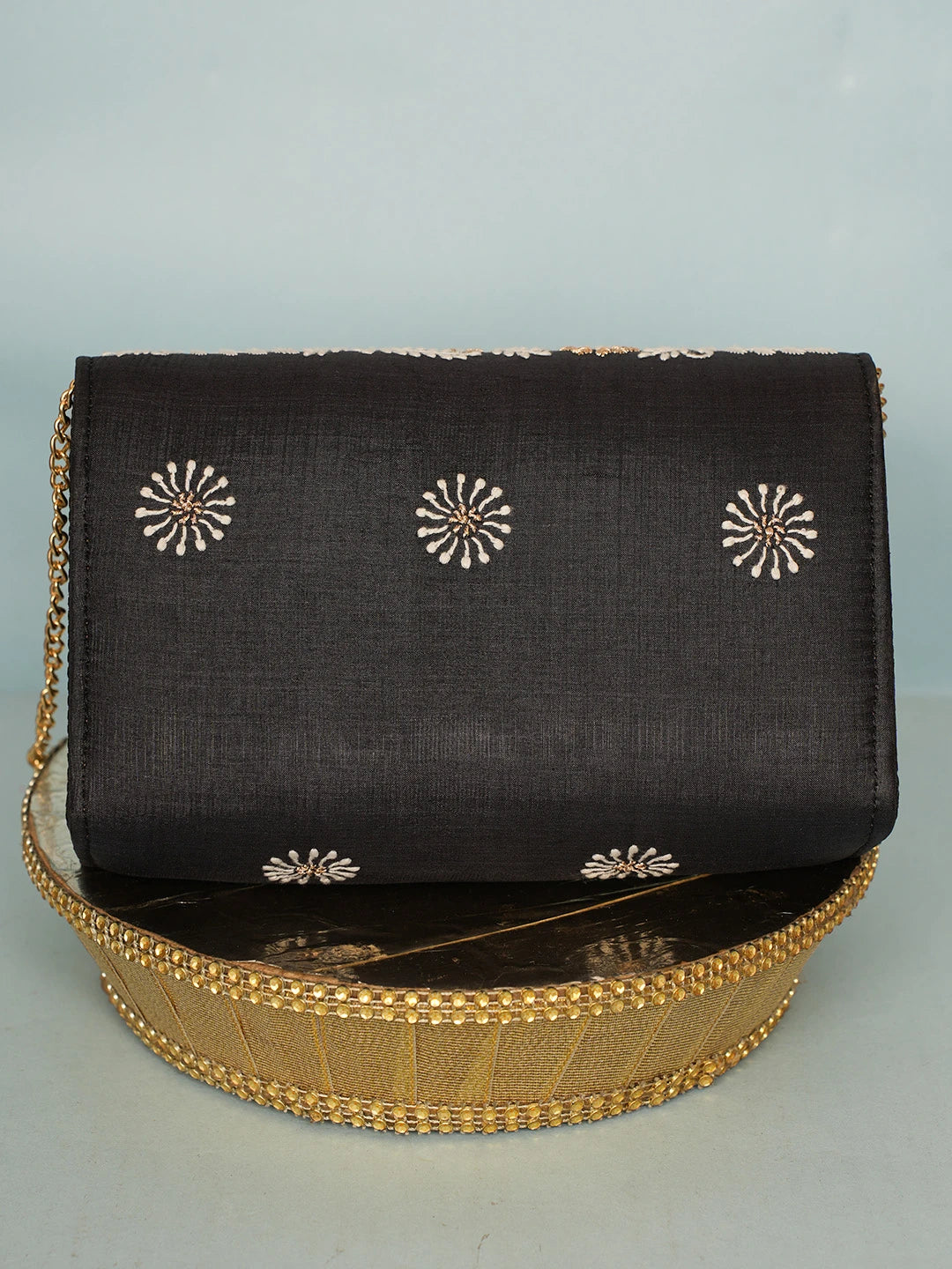 Ada Hand Embroidered Black Silk Lucknowi Chikankari Clutch With Zari Work 01A578264