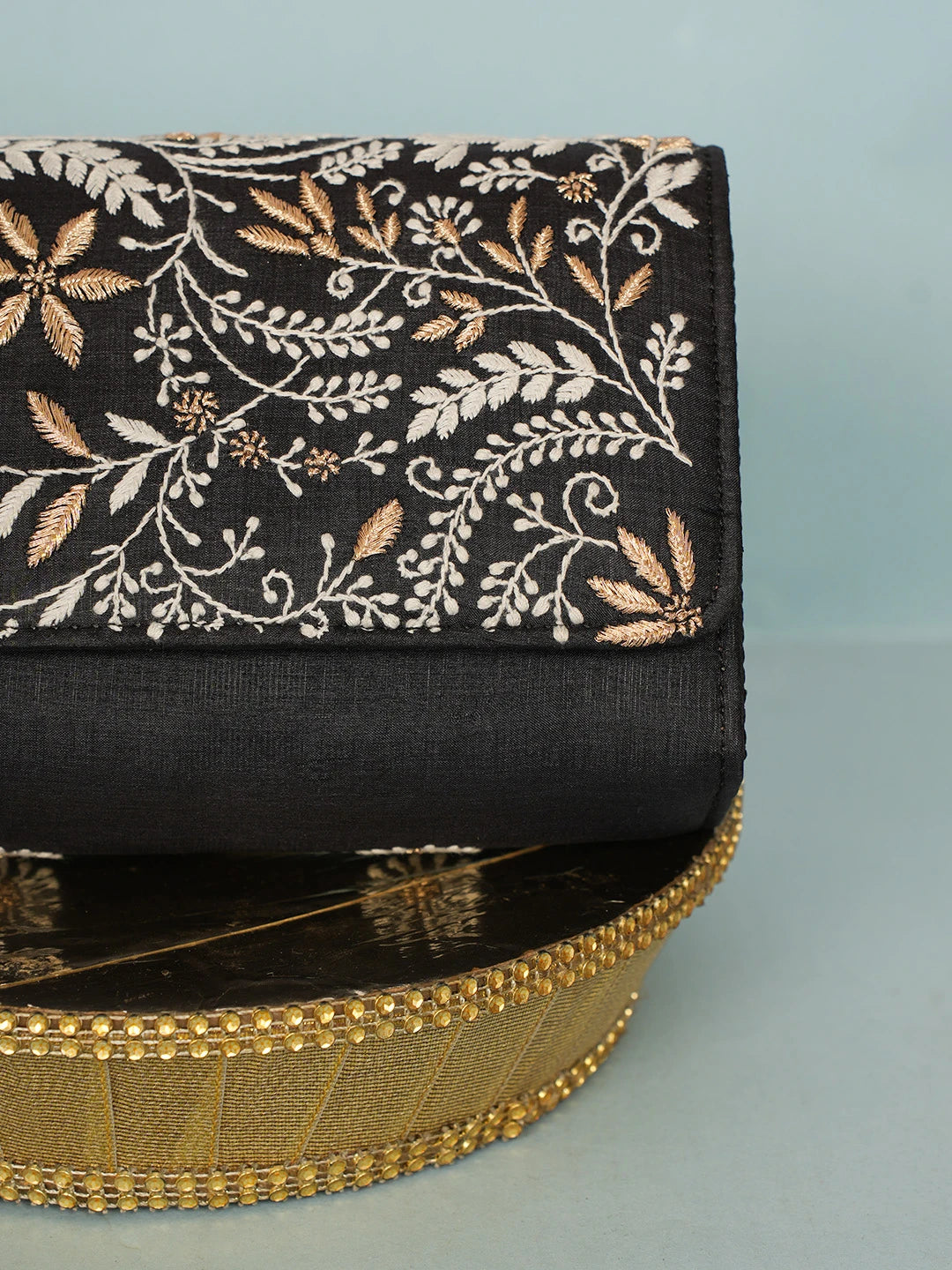 Ada Hand Embroidered Black Silk Lucknowi Chikankari Clutch With Zari Work 01A578264