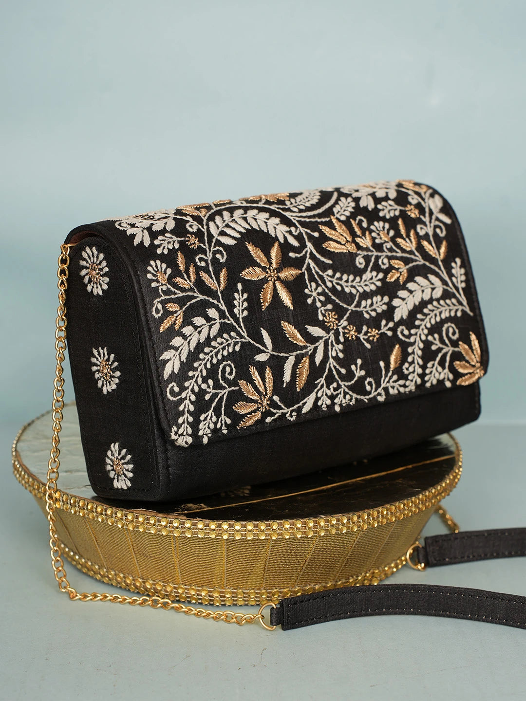 Ada Hand Embroidered Black Silk Lucknowi Chikankari Clutch With Zari Work 01A578264