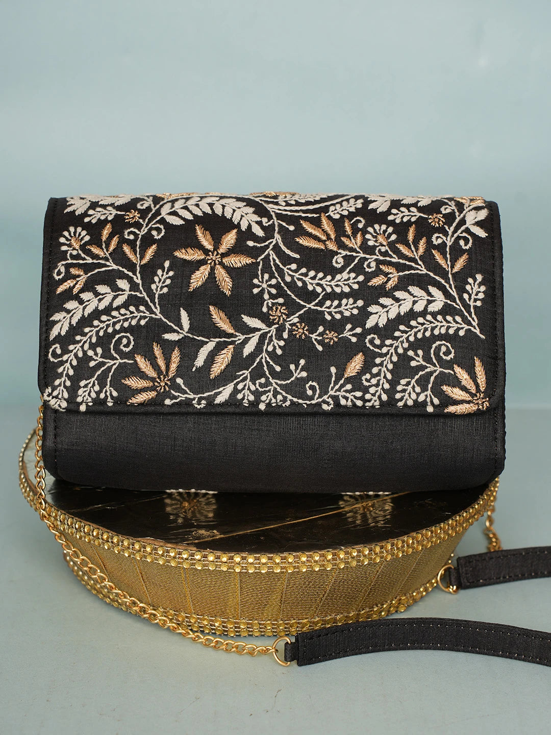 Ada Hand Embroidered Black Silk Lucknowi Chikankari Clutch With Zari Work 01A578264