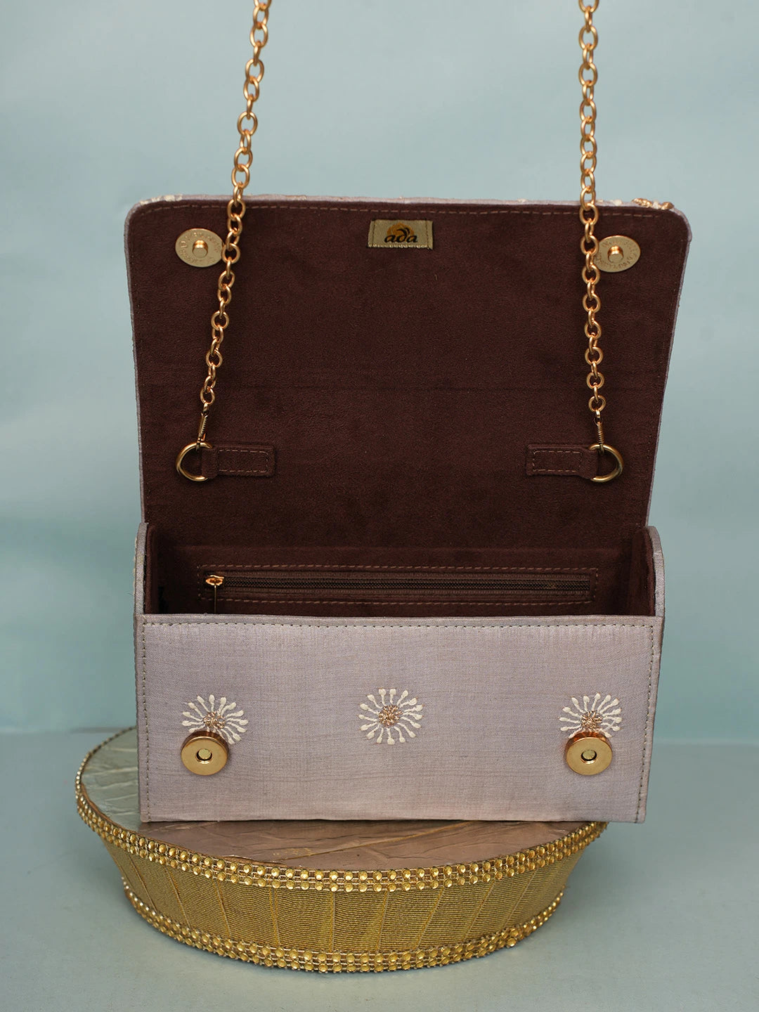 Ada Hand Embroidered Grey Silk Lucknowi Chikankari Clutch With Zari Work 01A578259