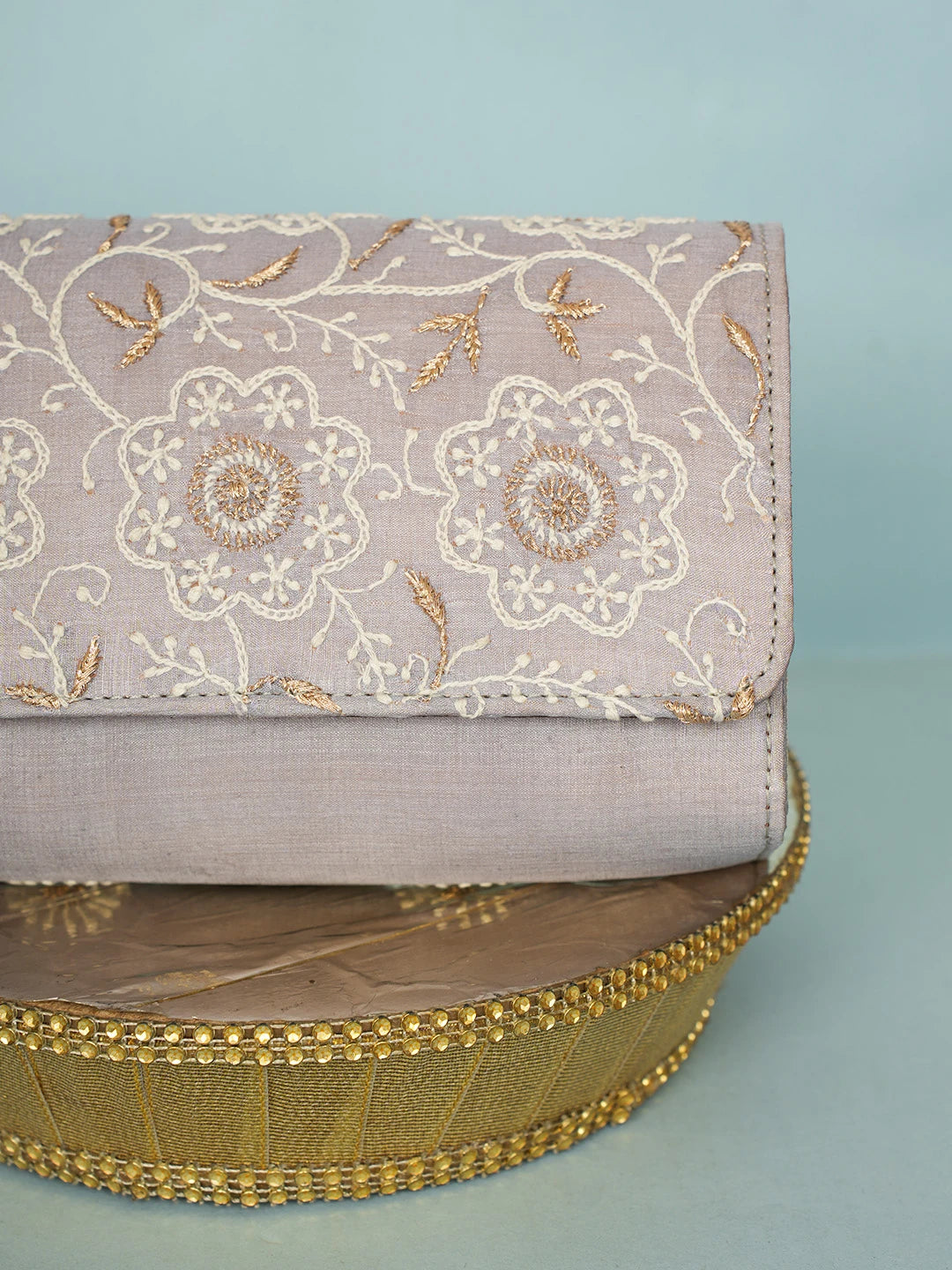 Ada Hand Embroidered Grey Silk Lucknowi Chikankari Clutch With Zari Work 01A578259