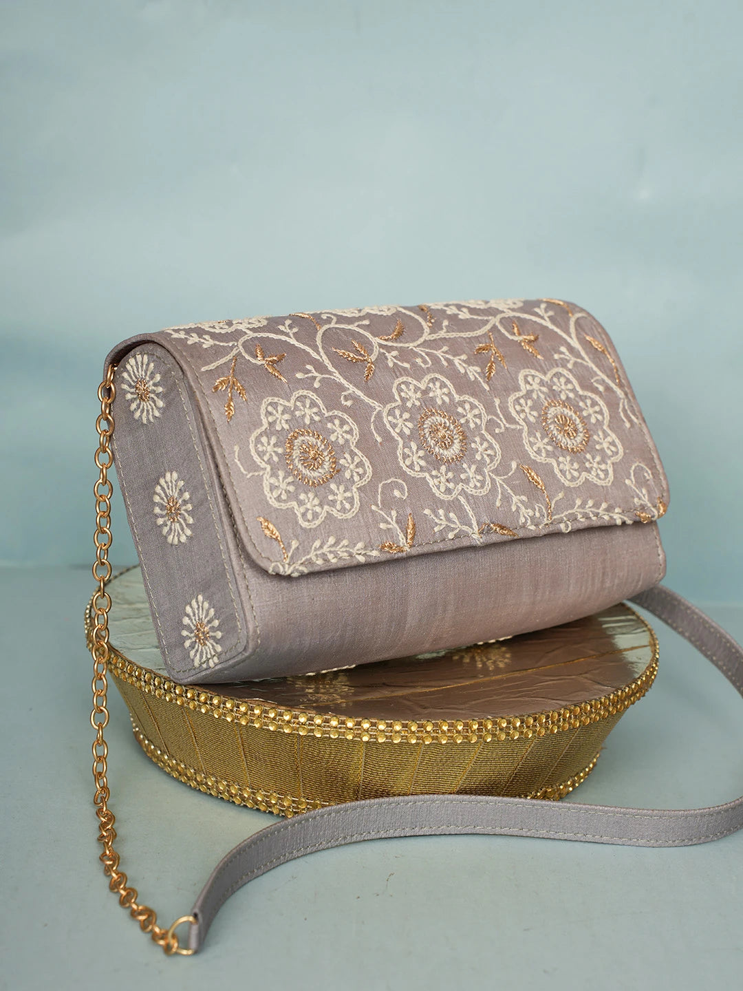 Ada Hand Embroidered Grey Silk Lucknowi Chikankari Clutch With Zari Work 01A578259