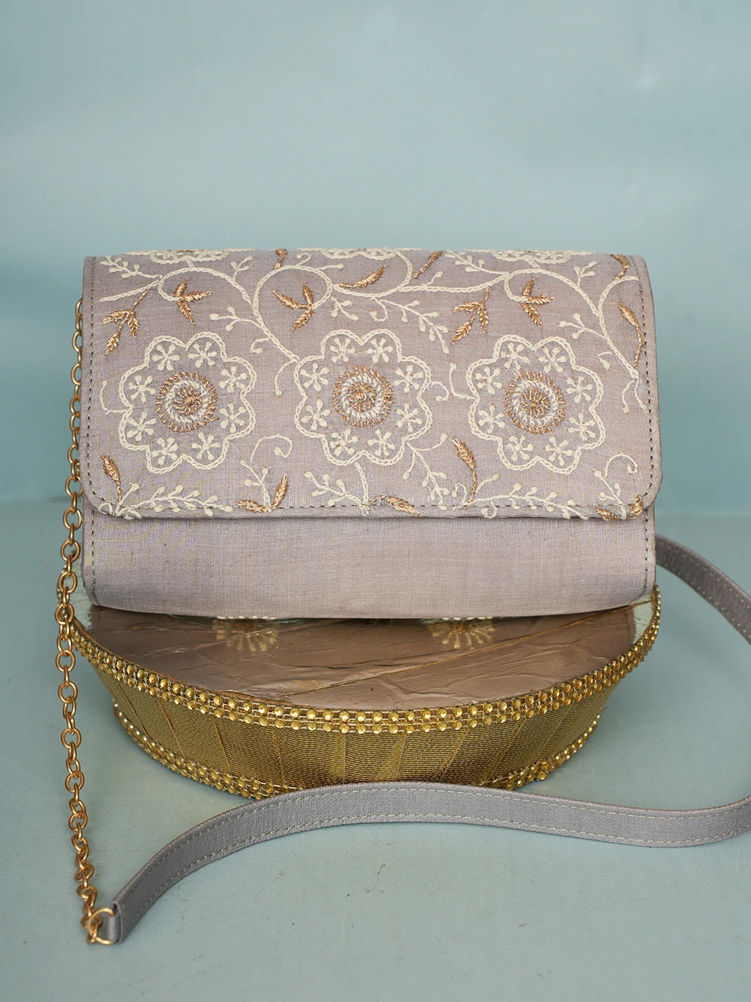 Ada Hand Embroidered Grey Silk Lucknowi Chikankari Clutch With Zari Work 01A578259