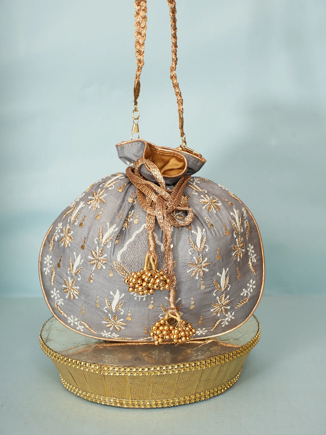 Ada Hand Embroidered Grey Silk Lucknowi Chikankari Potli Bag With Zari Work 01A578118