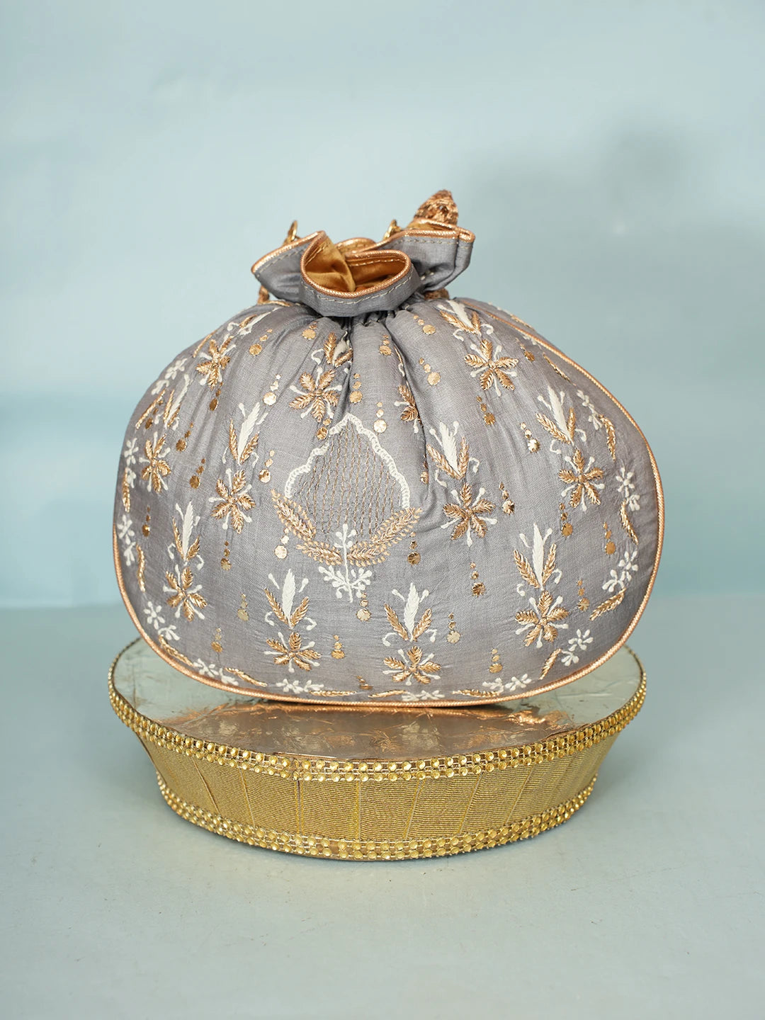 Ada Hand Embroidered Grey Silk Lucknowi Chikankari Potli Bag With Zari Work 01A578118