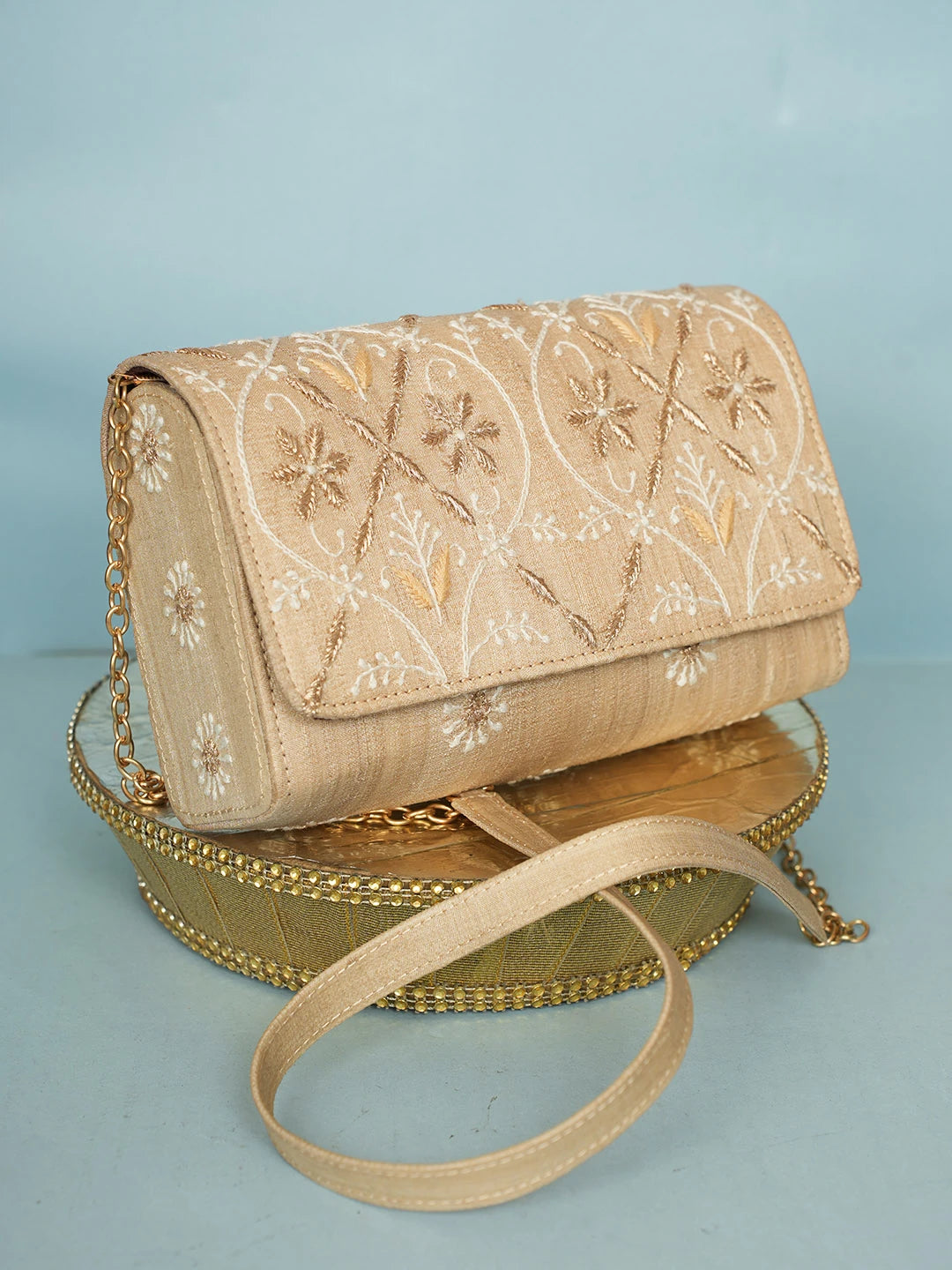 Ada Hand Embroidered Fawn Silk Lucknowi Chikankari Clutch With Zari Work 01A578254