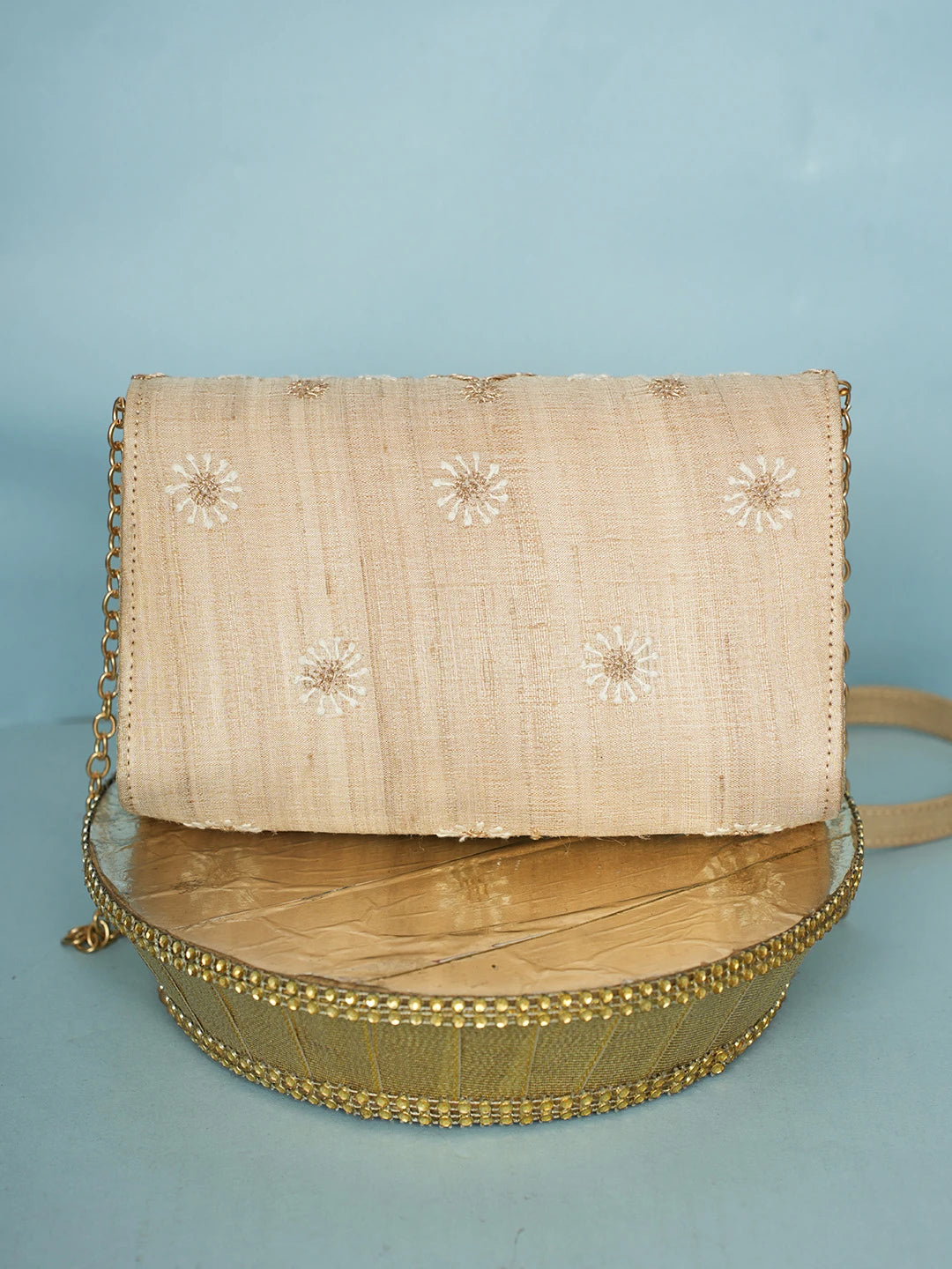 Ada Hand Embroidered Fawn Silk Lucknowi Chikankari Clutch With Zari Work 01A578254