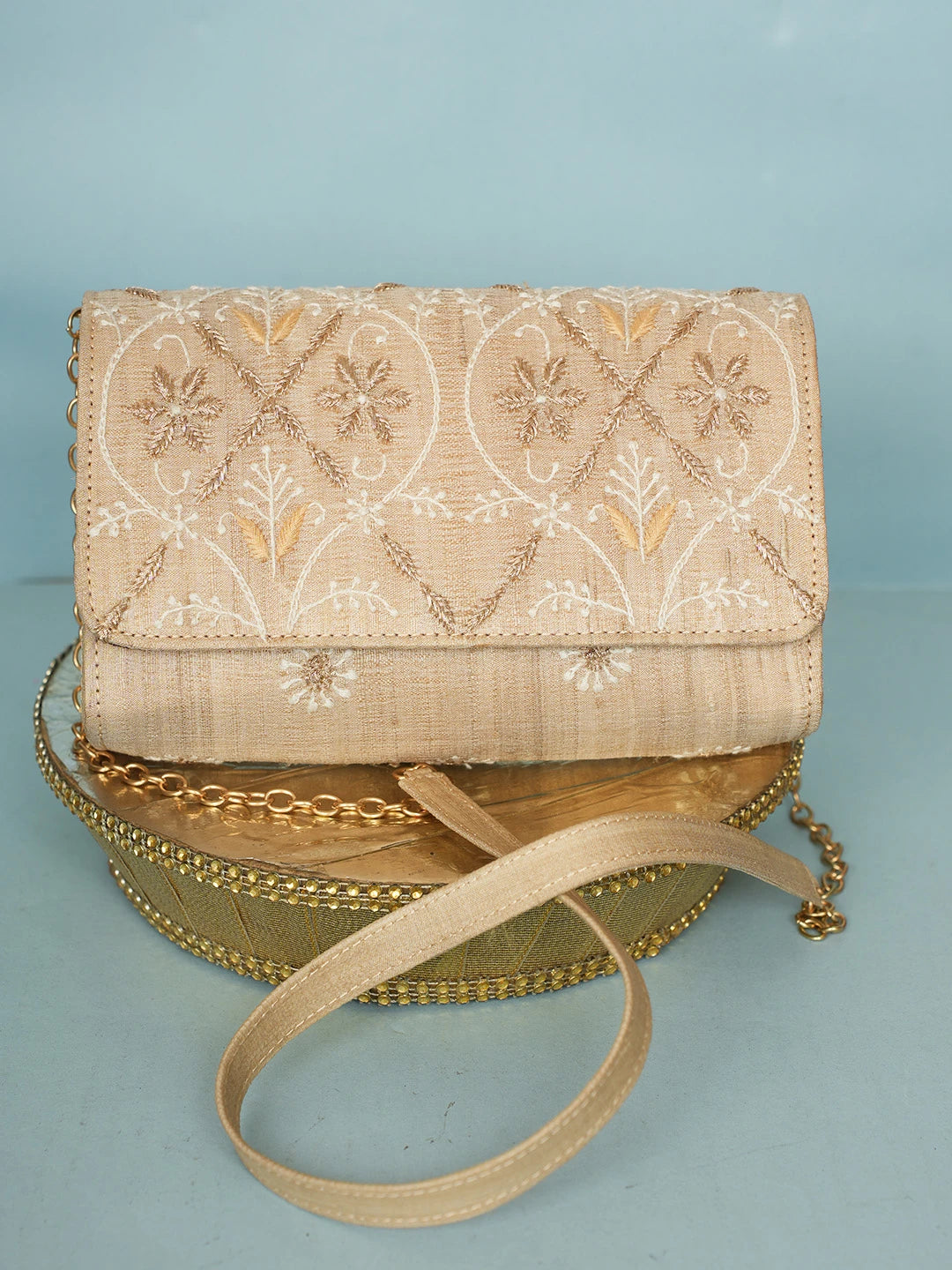 Ada Hand Embroidered Fawn Silk Lucknowi Chikankari Clutch With Zari Work 01A578254