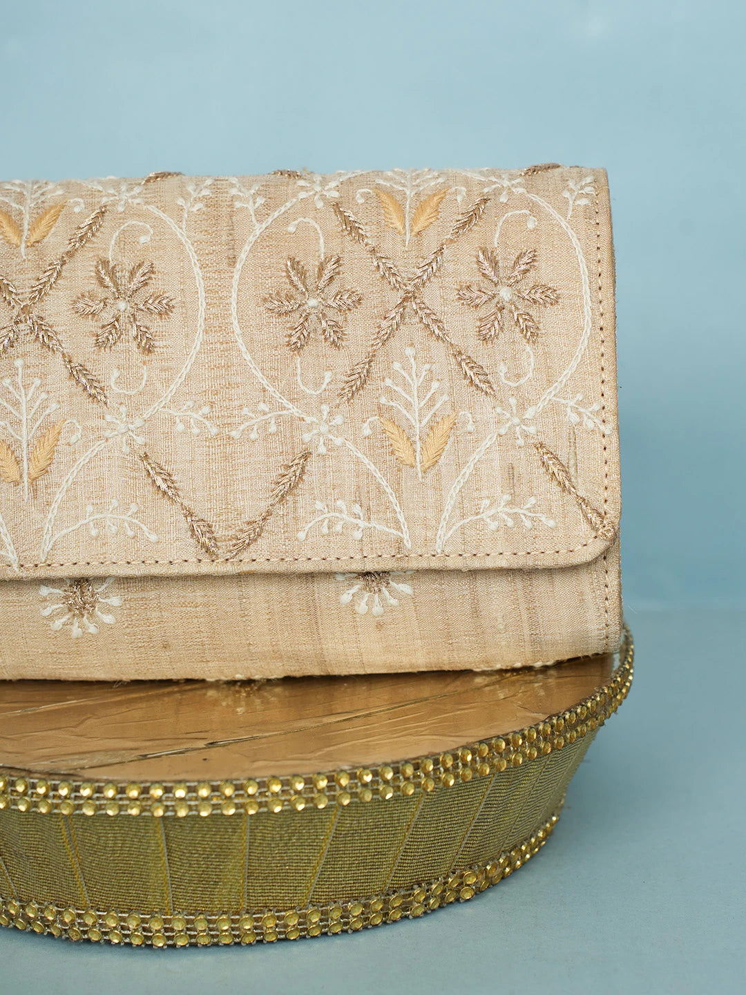 Ada Hand Embroidered Fawn Silk Lucknowi Chikankari Clutch With Zari Work 01A578254