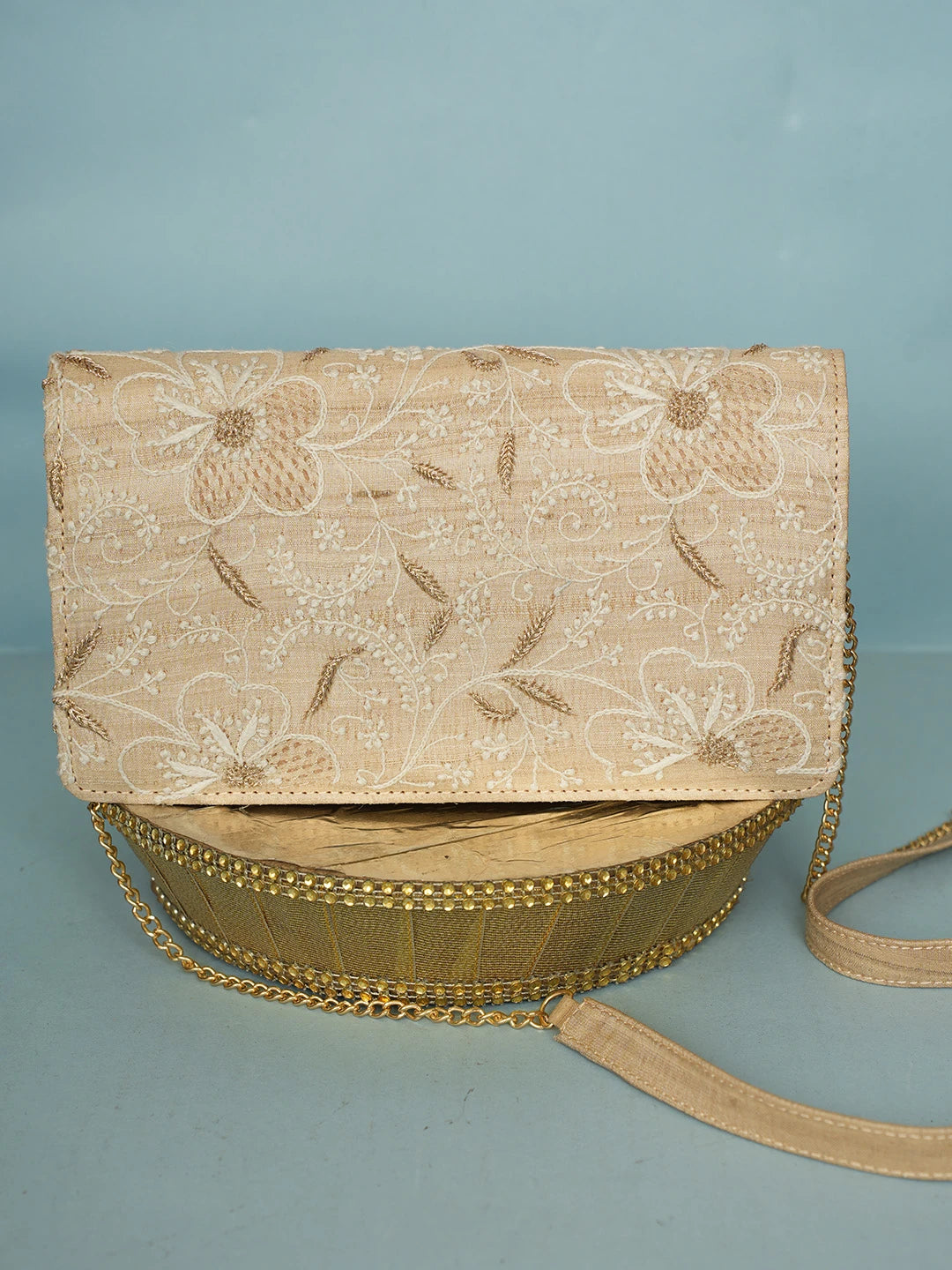 Ada Hand Embroidered Fawn Silk Lucknowi Chikankari Clutch With Zari Work 01A578289