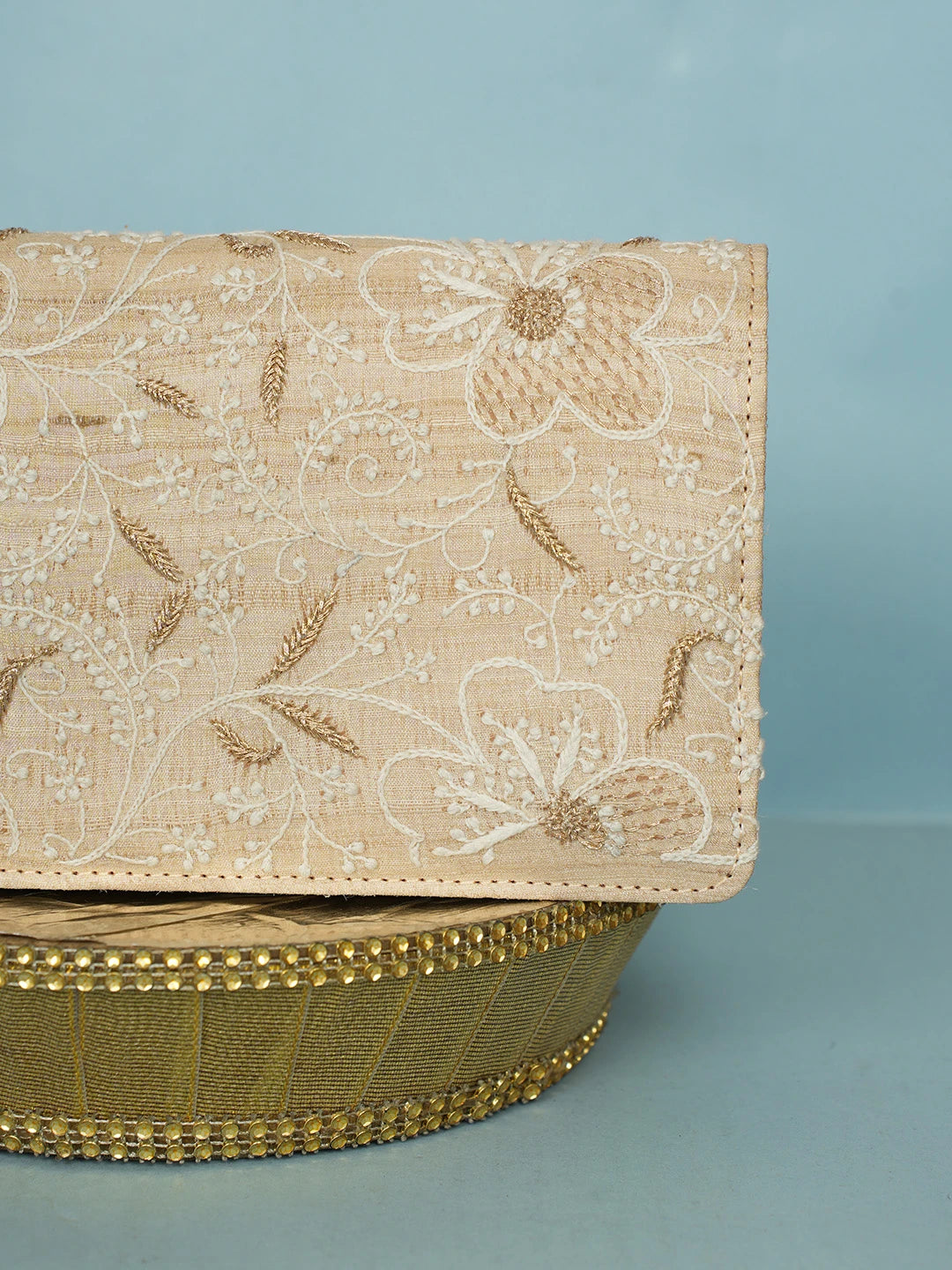 Ada Hand Embroidered Fawn Silk Lucknowi Chikankari Clutch With Zari Work 01A578289