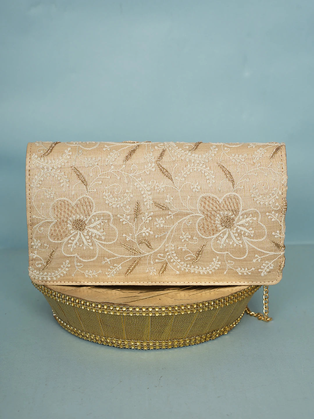 Ada Hand Embroidered Fawn Silk Lucknowi Chikankari Clutch With Zari Work 01A578289