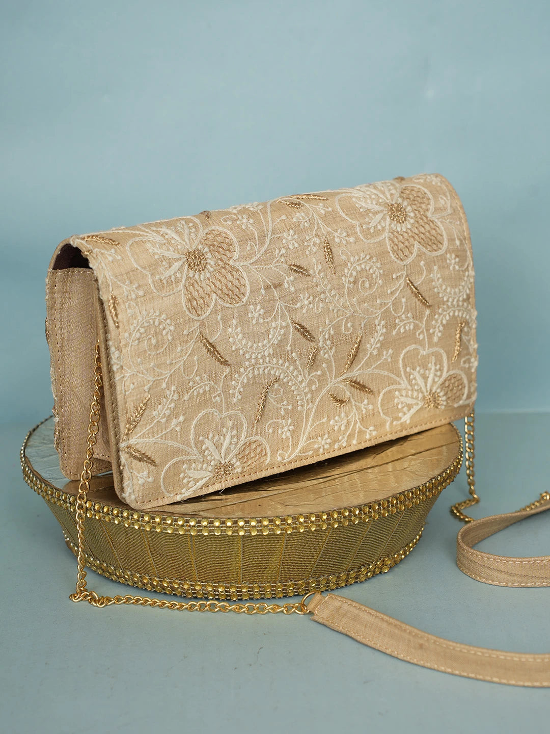 Ada Hand Embroidered Fawn Silk Lucknowi Chikankari Clutch With Zari Work 01A578289