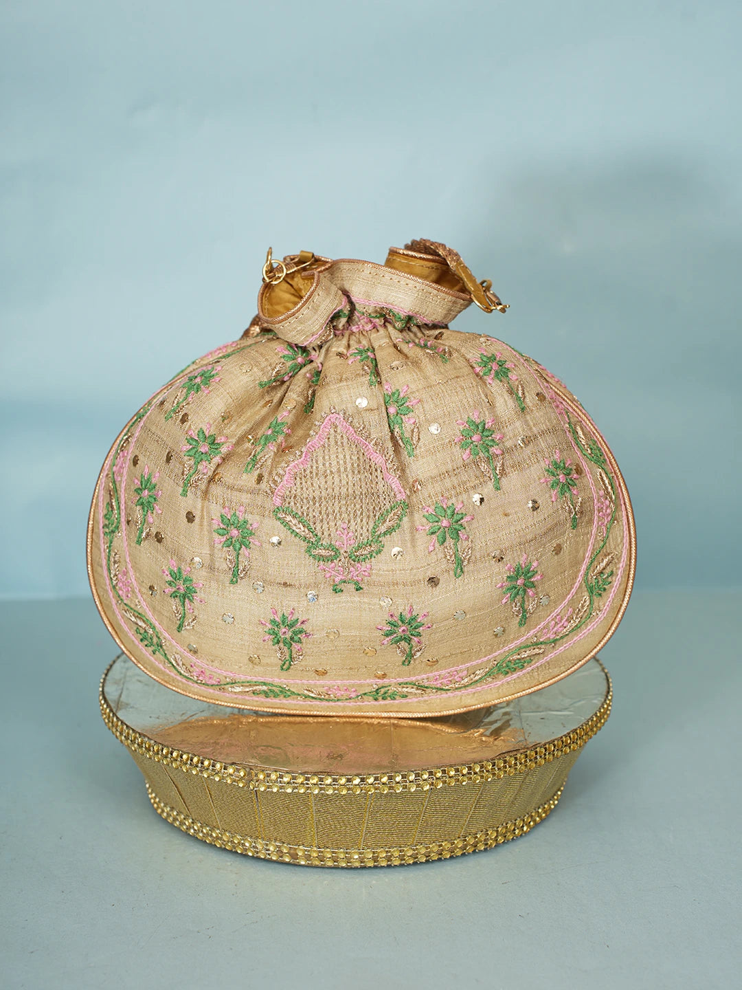 Ada Hand Embroidered Fawn Silk Lucknowi Chikankari Potli Bag With Zari Work 01A578124