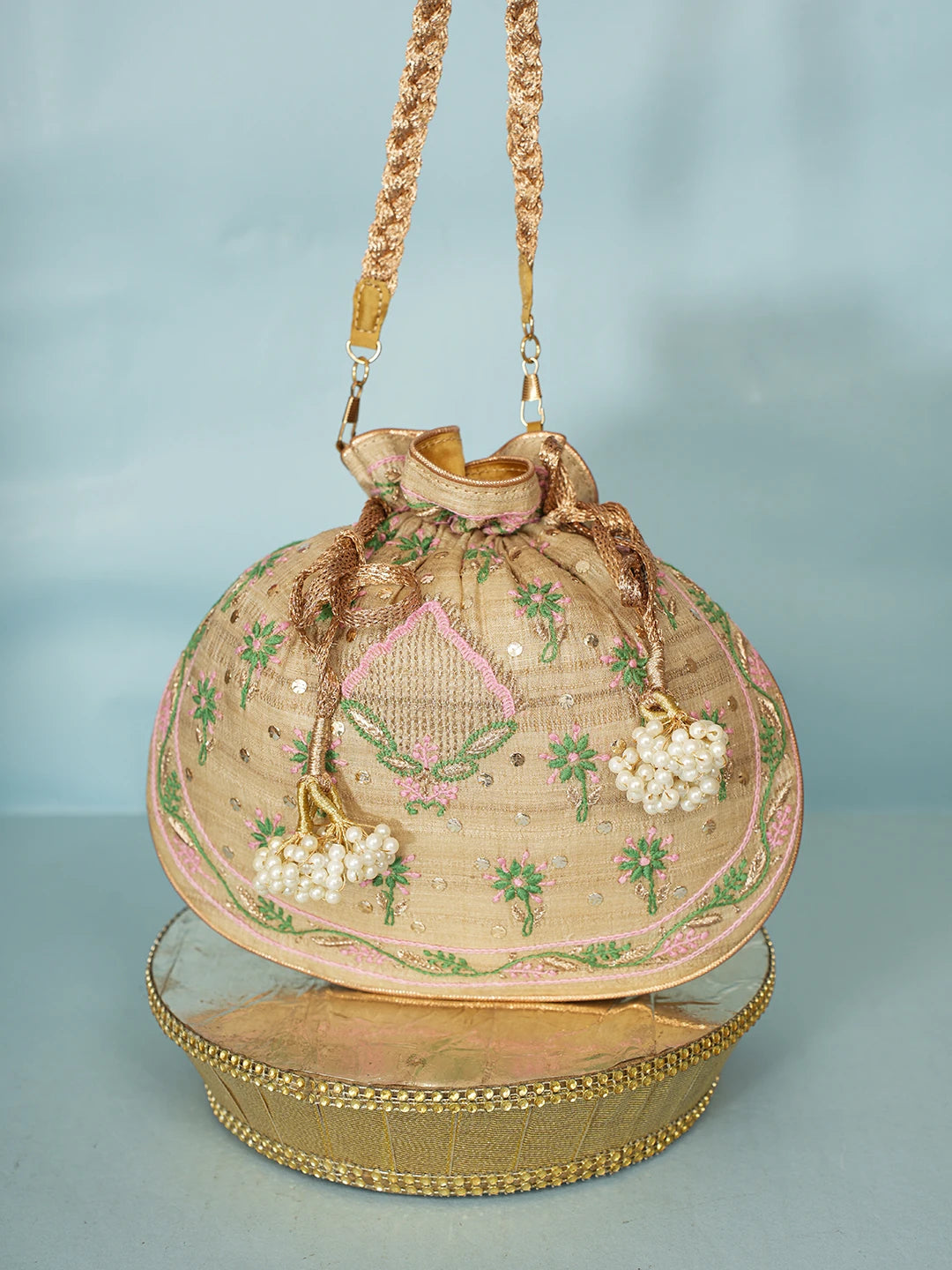 Ada Hand Embroidered Fawn Silk Lucknowi Chikankari Potli Bag With Zari Work 01A578124