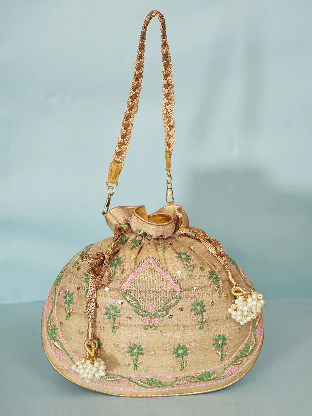 Ada Hand Embroidered Fawn Silk Lucknowi Chikankari Potli Bag With Zari Work 01A578124