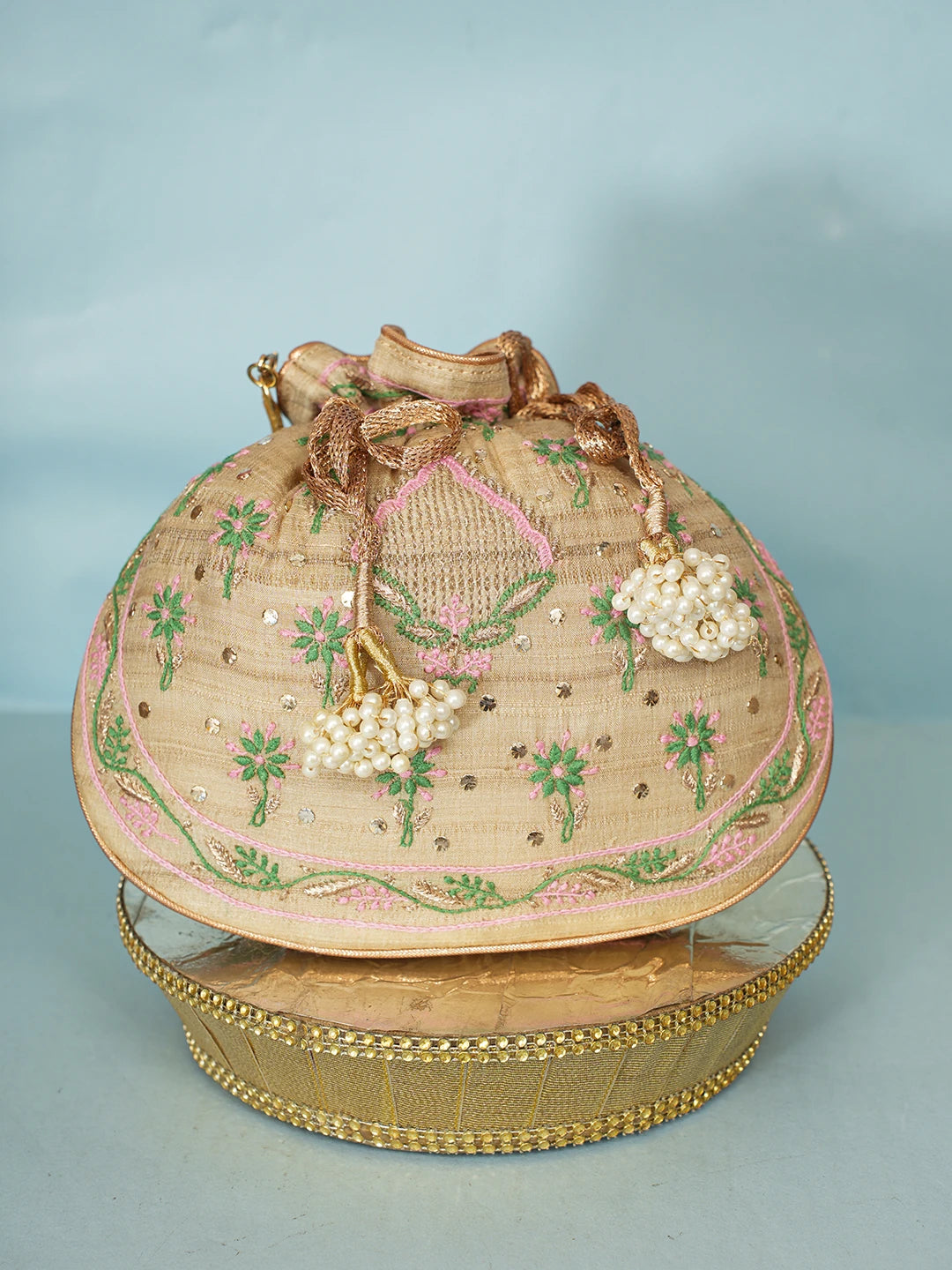 Ada Hand Embroidered Fawn Silk Lucknowi Chikankari Potli Bag With Zari Work 01A578124