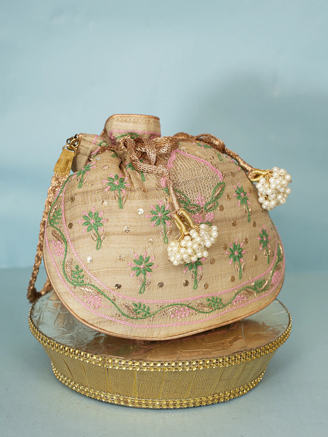 Ada Hand Embroidered Fawn Silk Lucknowi Chikankari Potli Bag With Zari Work 01A578124