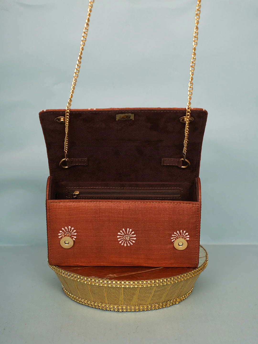 Ada Hand Embroidered Brown Silk Lucknowi Chikankari Clutch With Zari Work 01A578263