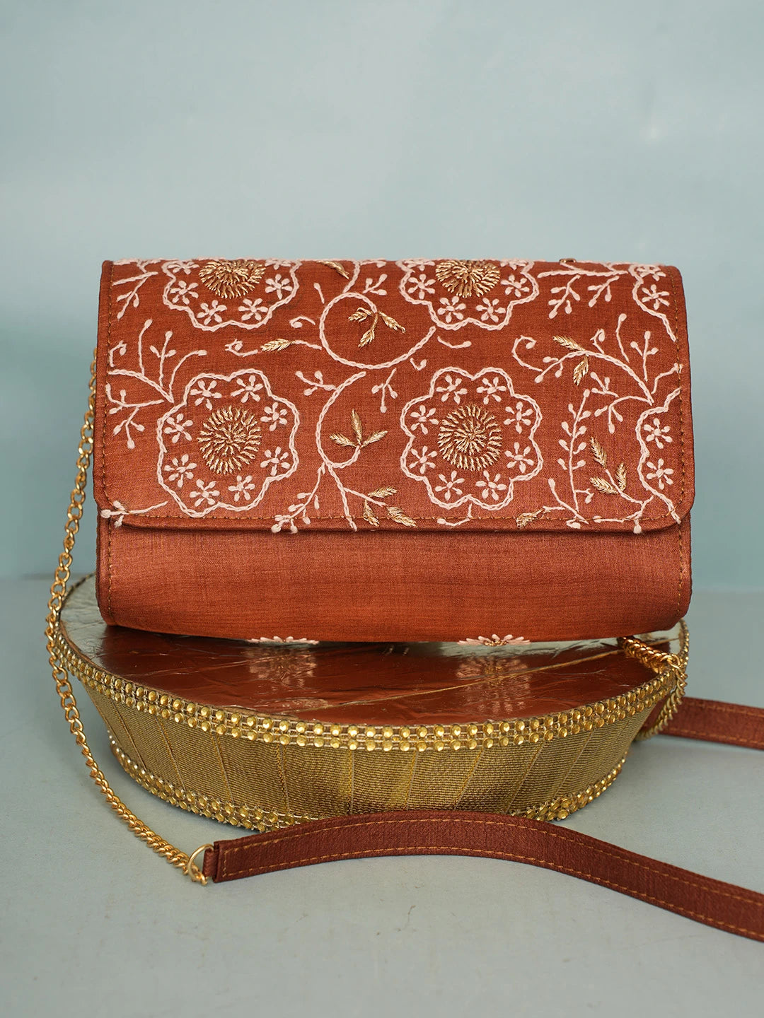 Ada Hand Embroidered Brown Silk Lucknowi Chikankari Clutch With Zari Work 01A578263