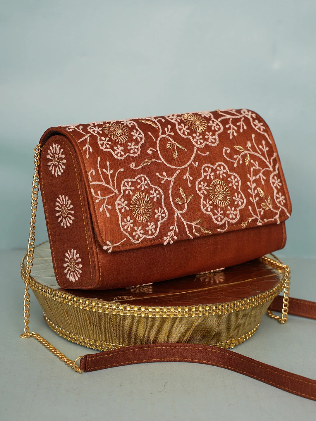 Ada Hand Embroidered Brown Silk Lucknowi Chikankari Clutch With Zari Work 01A578263