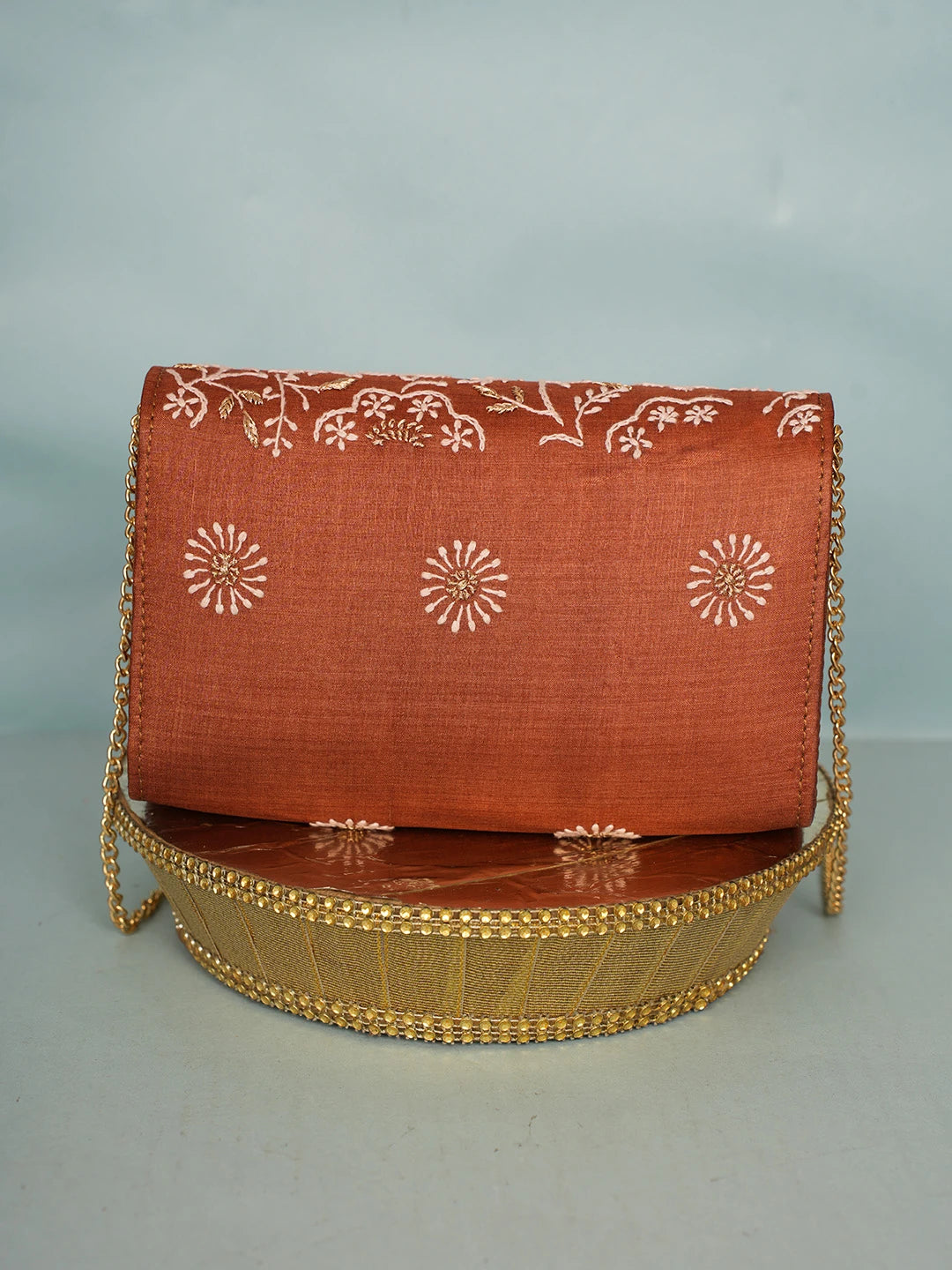 Ada Hand Embroidered Brown Silk Lucknowi Chikankari Clutch With Zari Work 01A578263