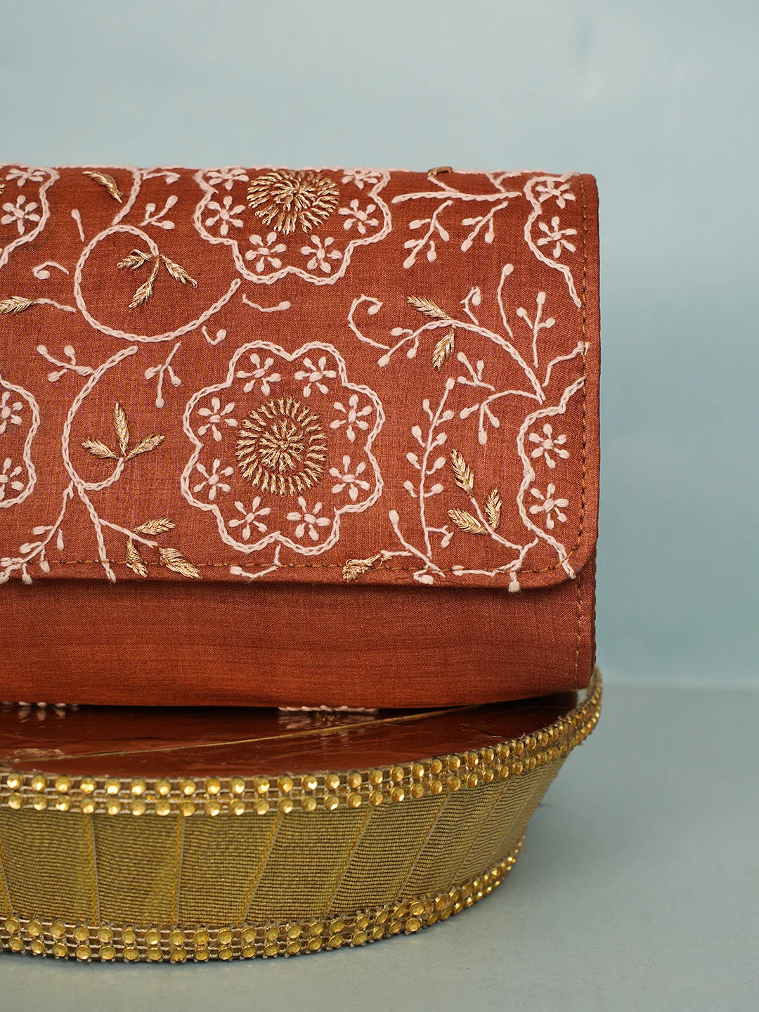 Ada Hand Embroidered Brown Silk Lucknowi Chikankari Clutch With Zari Work 01A578263