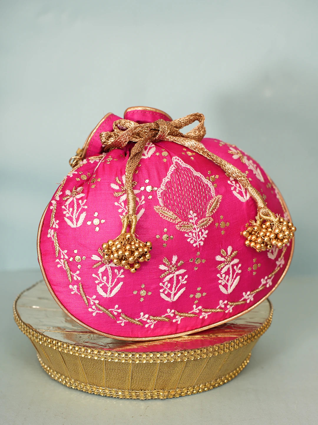 Ada Hand Embroidered Magenta Silk Lucknowi Chikankari Potli Bag With Zari Work 01A576023