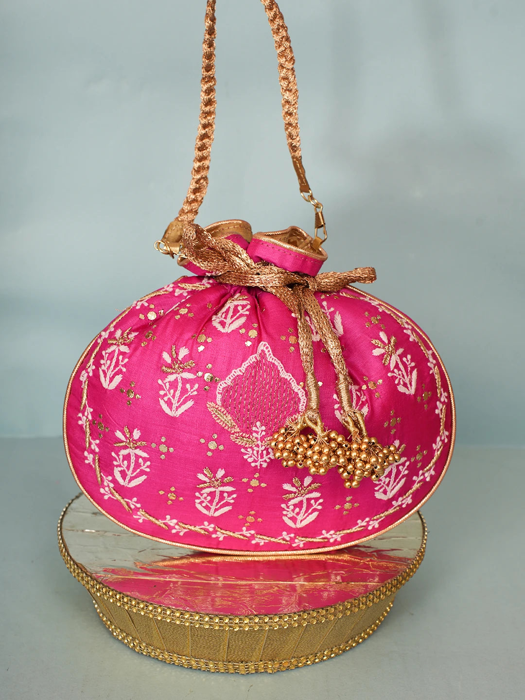 Ada Hand Embroidered Magenta Silk Lucknowi Chikankari Potli Bag With Zari Work 01A576023