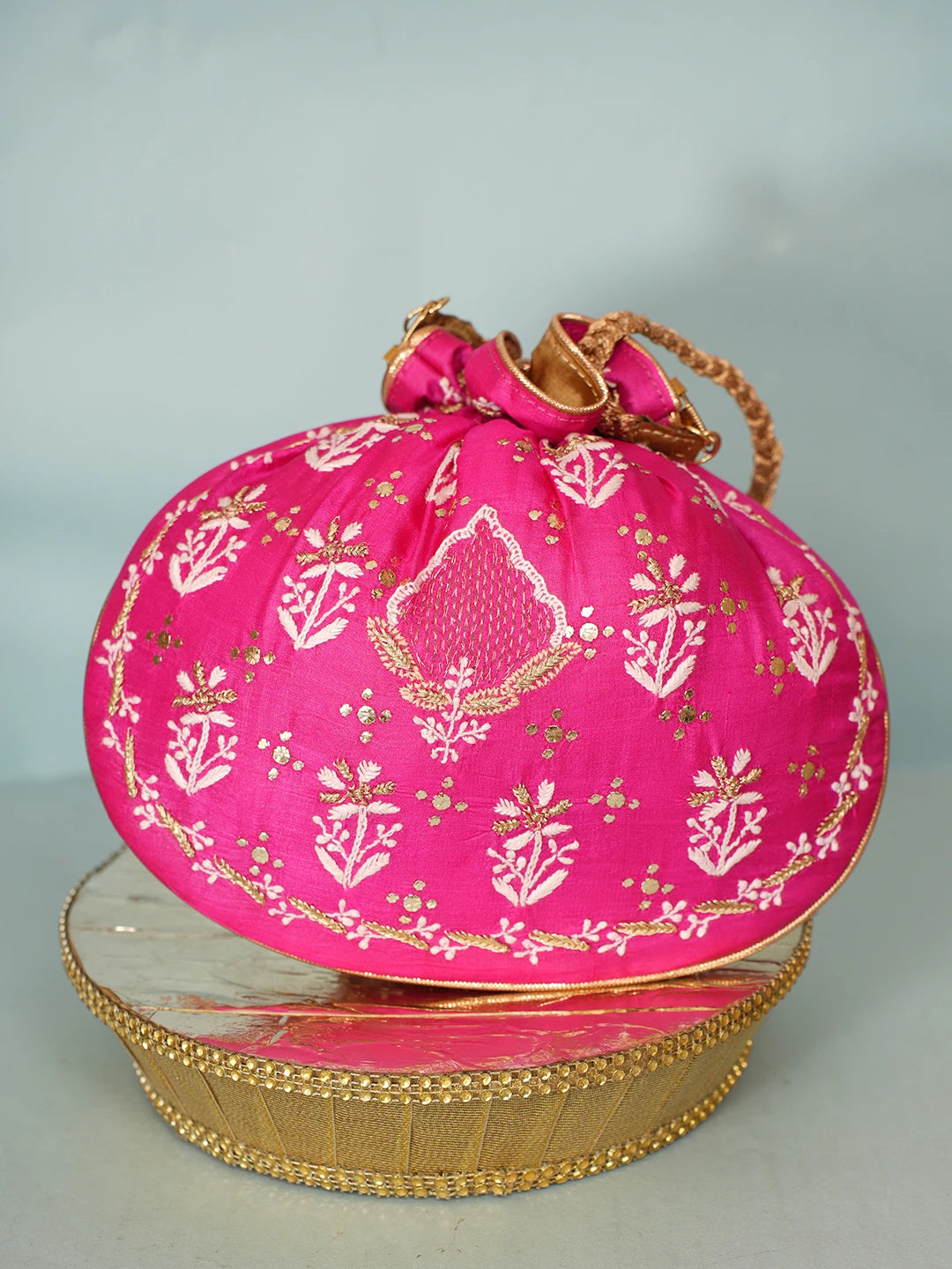 Ada Hand Embroidered Magenta Silk Lucknowi Chikankari Potli Bag With Zari Work 01A576023