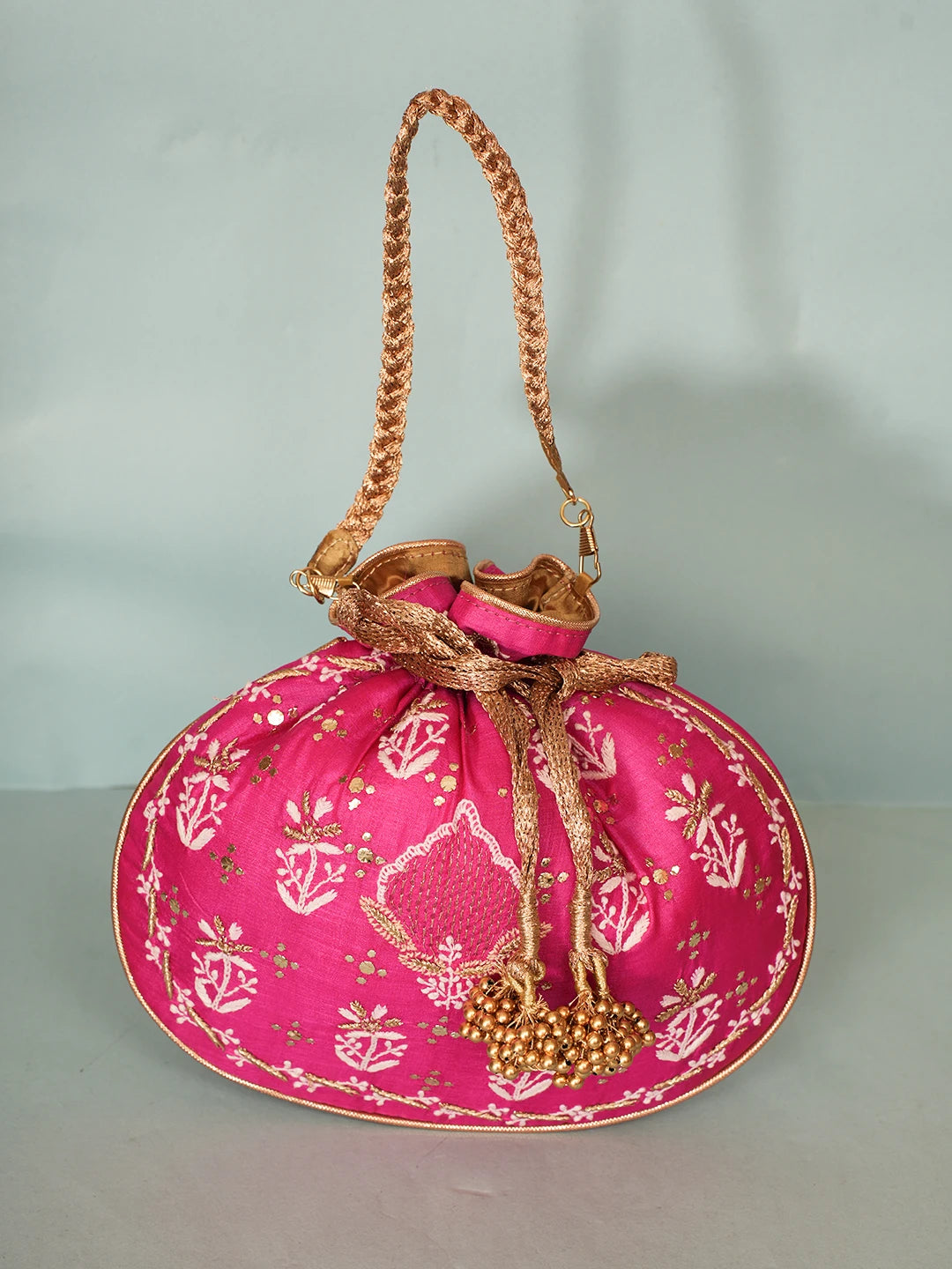 Ada Hand Embroidered Magenta Silk Lucknowi Chikankari Potli Bag With Zari Work 01A576023