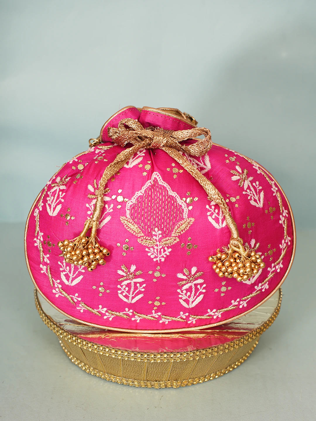 Ada Hand Embroidered Magenta Silk Lucknowi Chikankari Potli Bag With Zari Work 01A576023