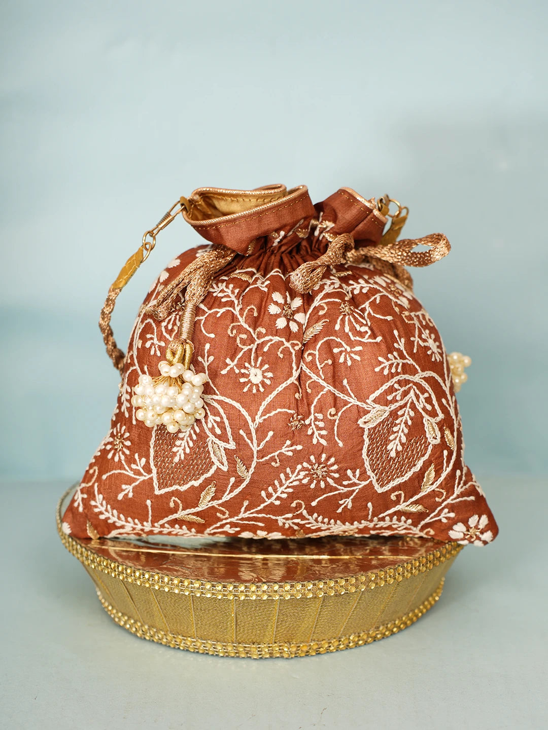 Ada Hand Embroidered Brown Silk Lucknowi Chikankari Potli Bag With Zari Work 01A578155