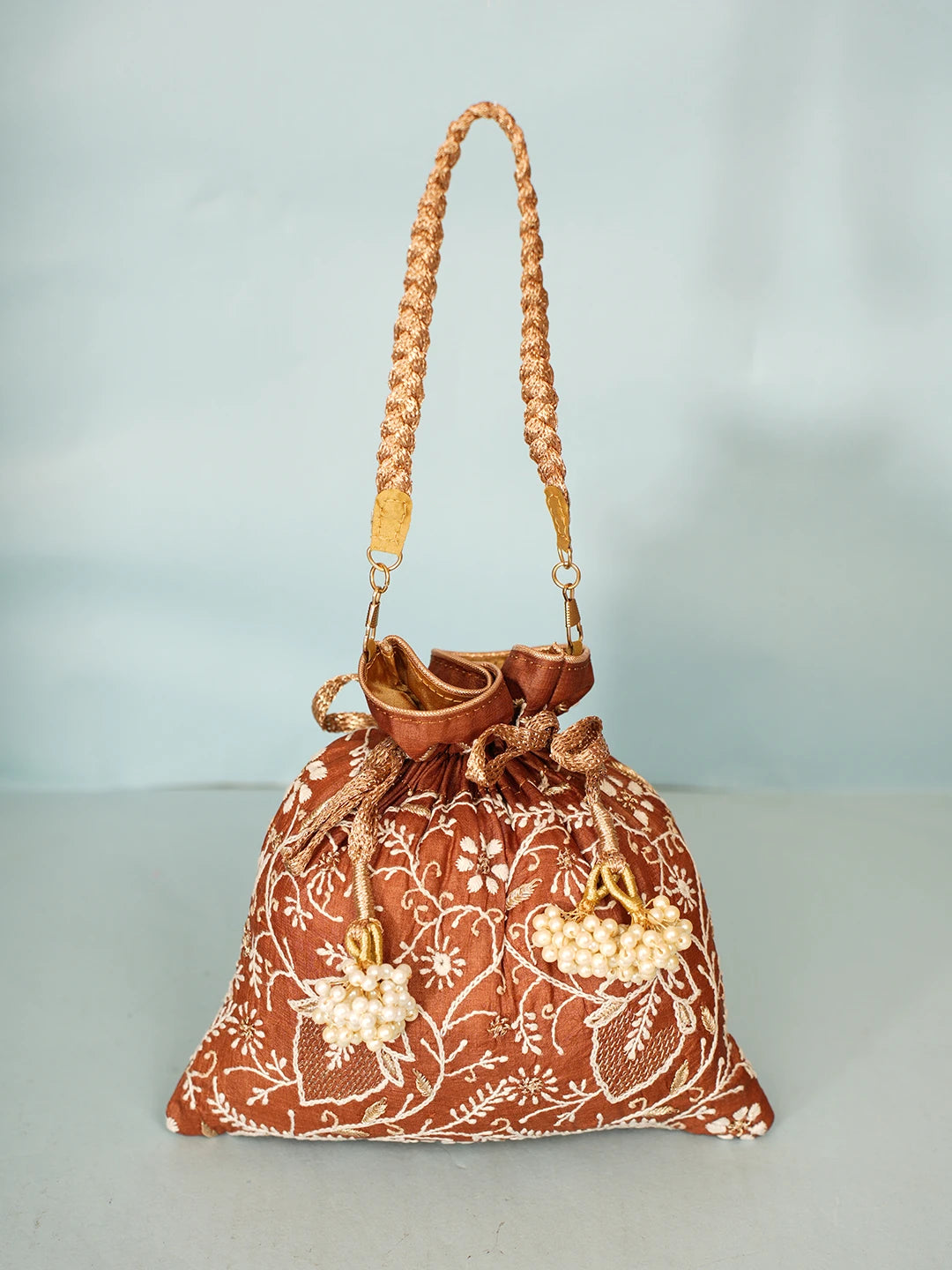 Ada Hand Embroidered Brown Silk Lucknowi Chikankari Potli Bag With Zari Work 01A578155