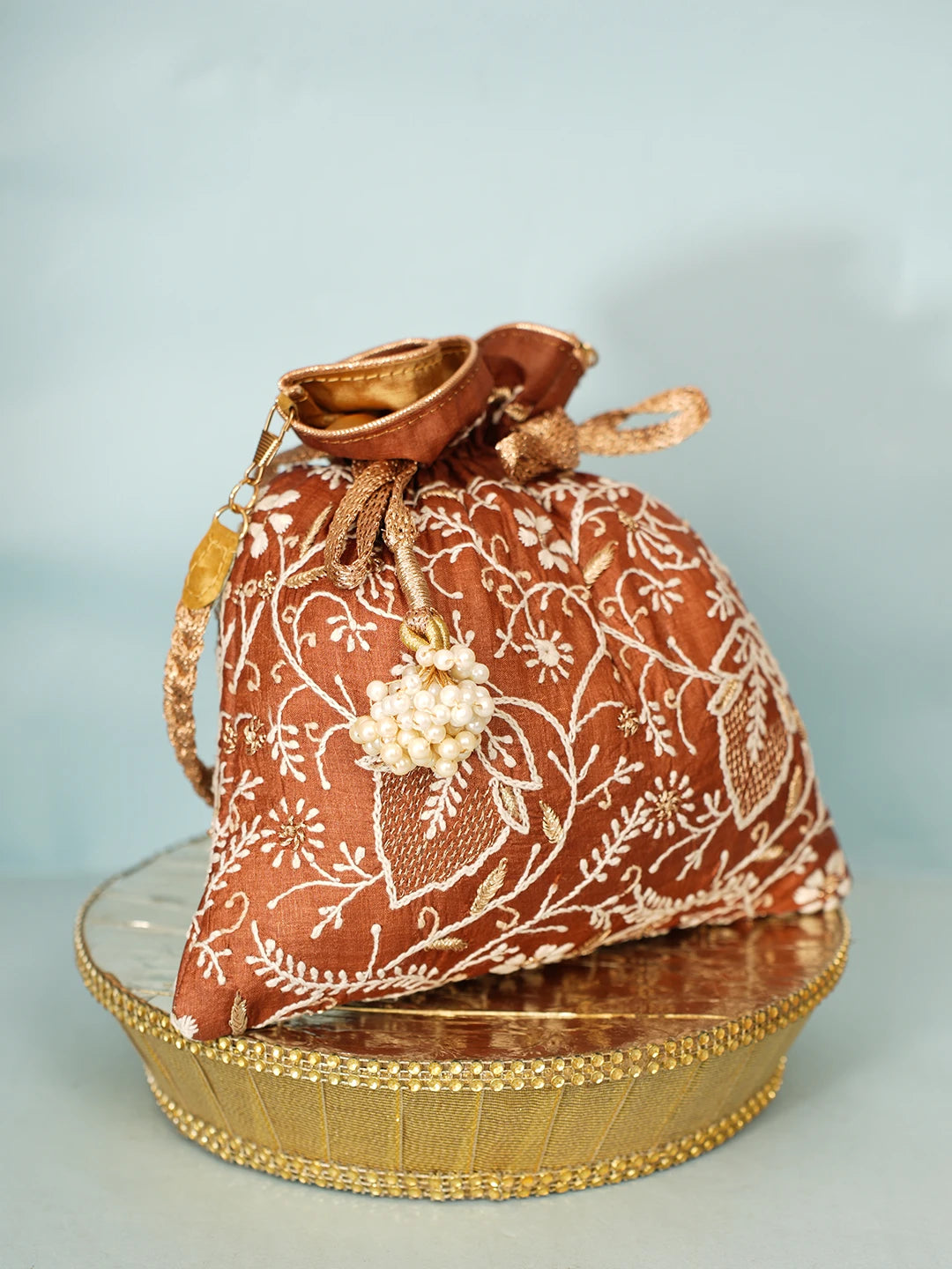 Ada Hand Embroidered Brown Silk Lucknowi Chikankari Potli Bag With Zari Work 01A578155