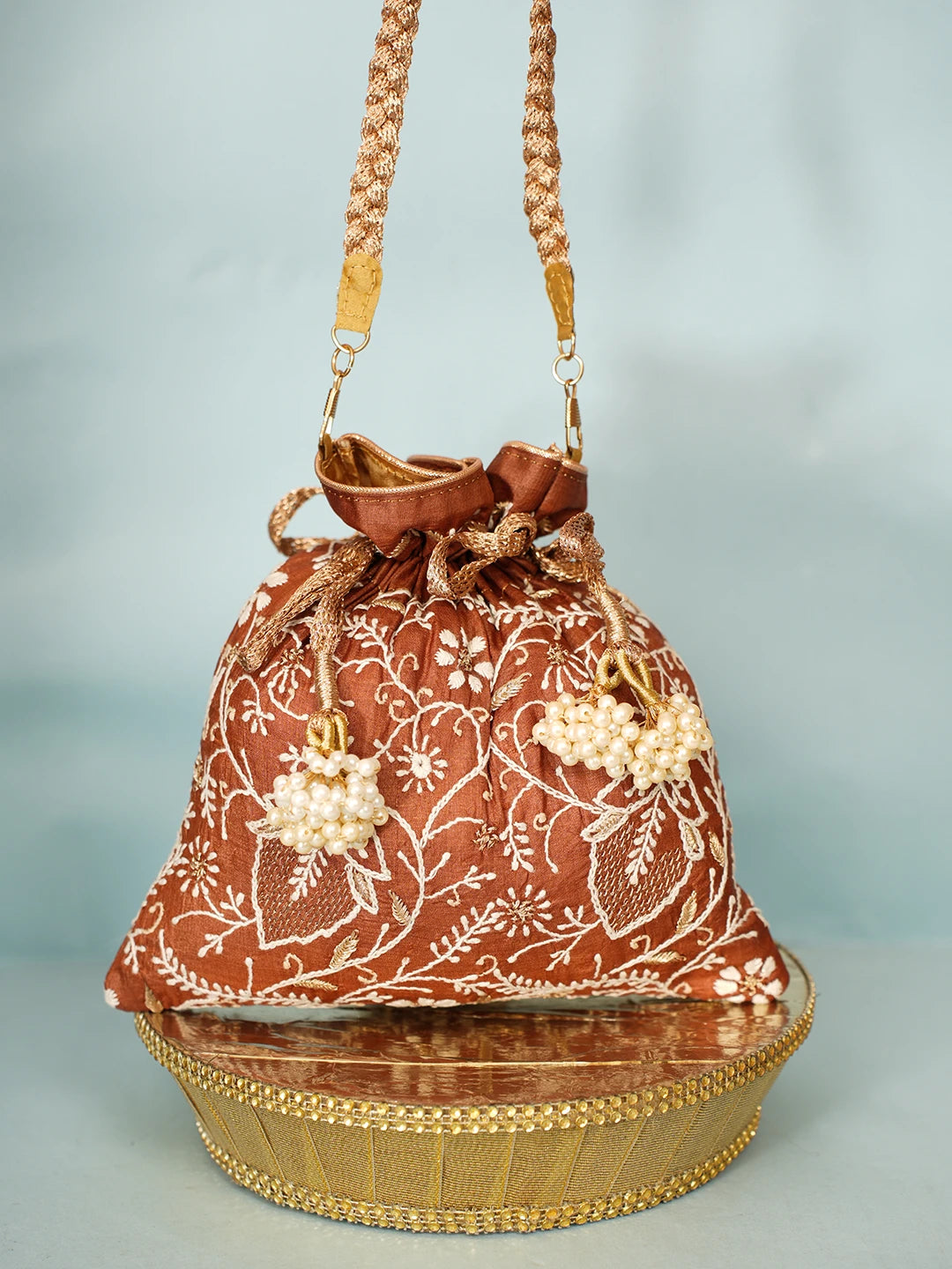 Ada Hand Embroidered Brown Silk Lucknowi Chikankari Potli Bag With Zari Work 01A578155