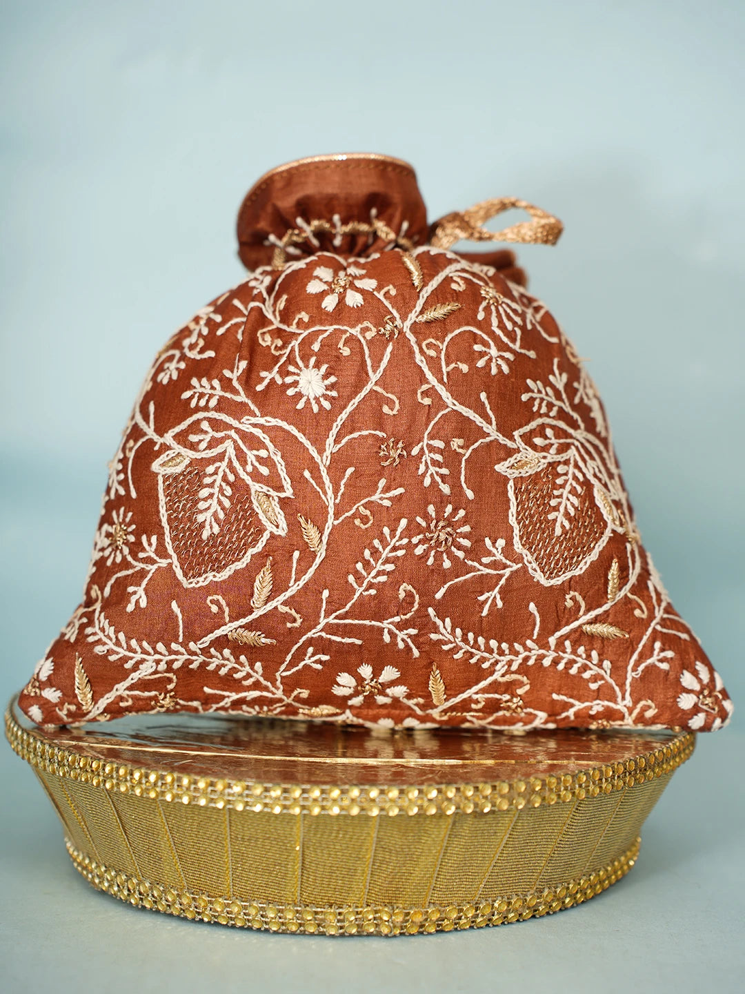 Ada Hand Embroidered Brown Silk Lucknowi Chikankari Potli Bag With Zari Work 01A578155