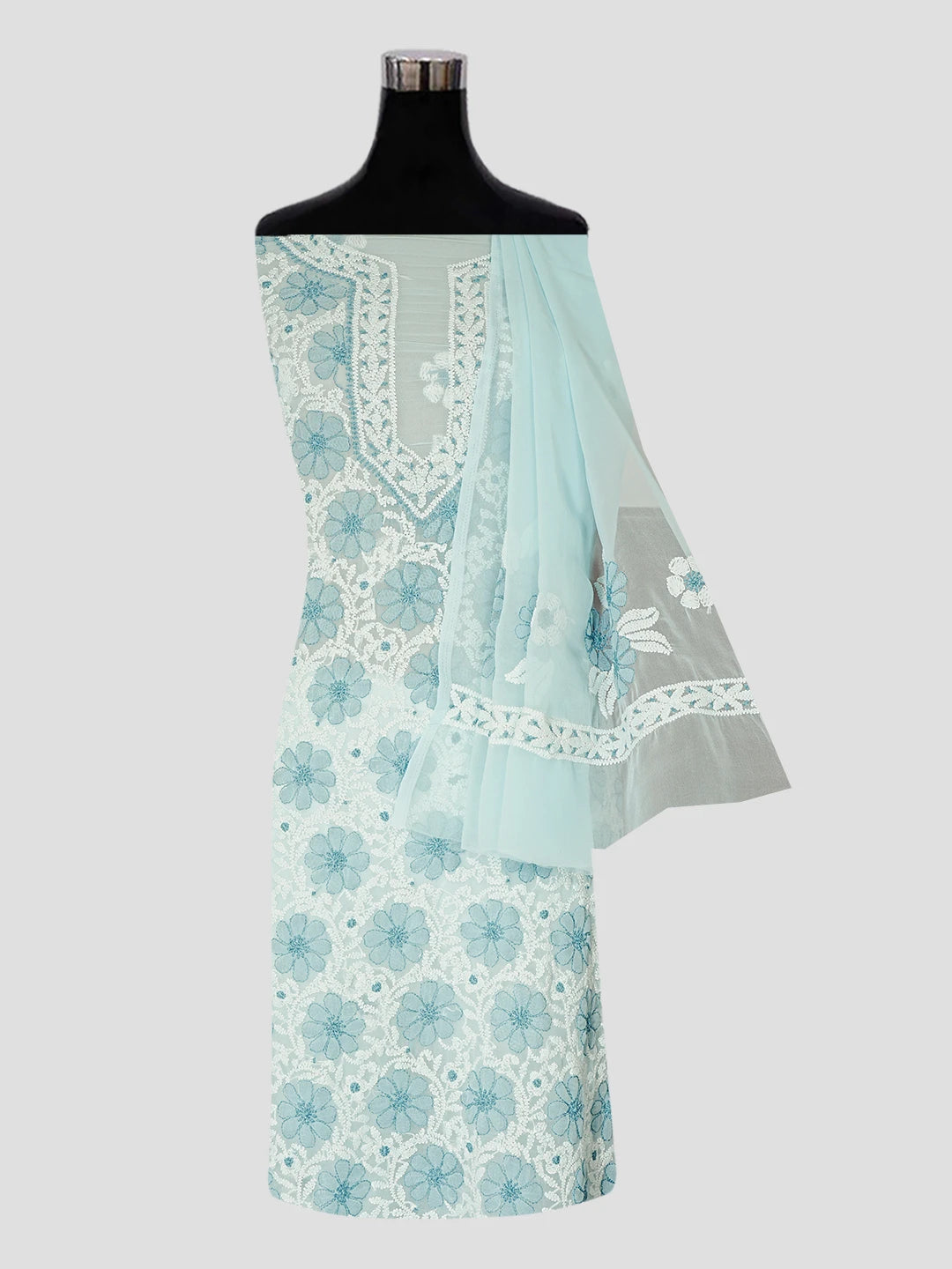 Ada Hand Embroidered Light Sky Blue Faux Georgette Lucknowi Chikankari Unstitched Suit Piece 01A545506