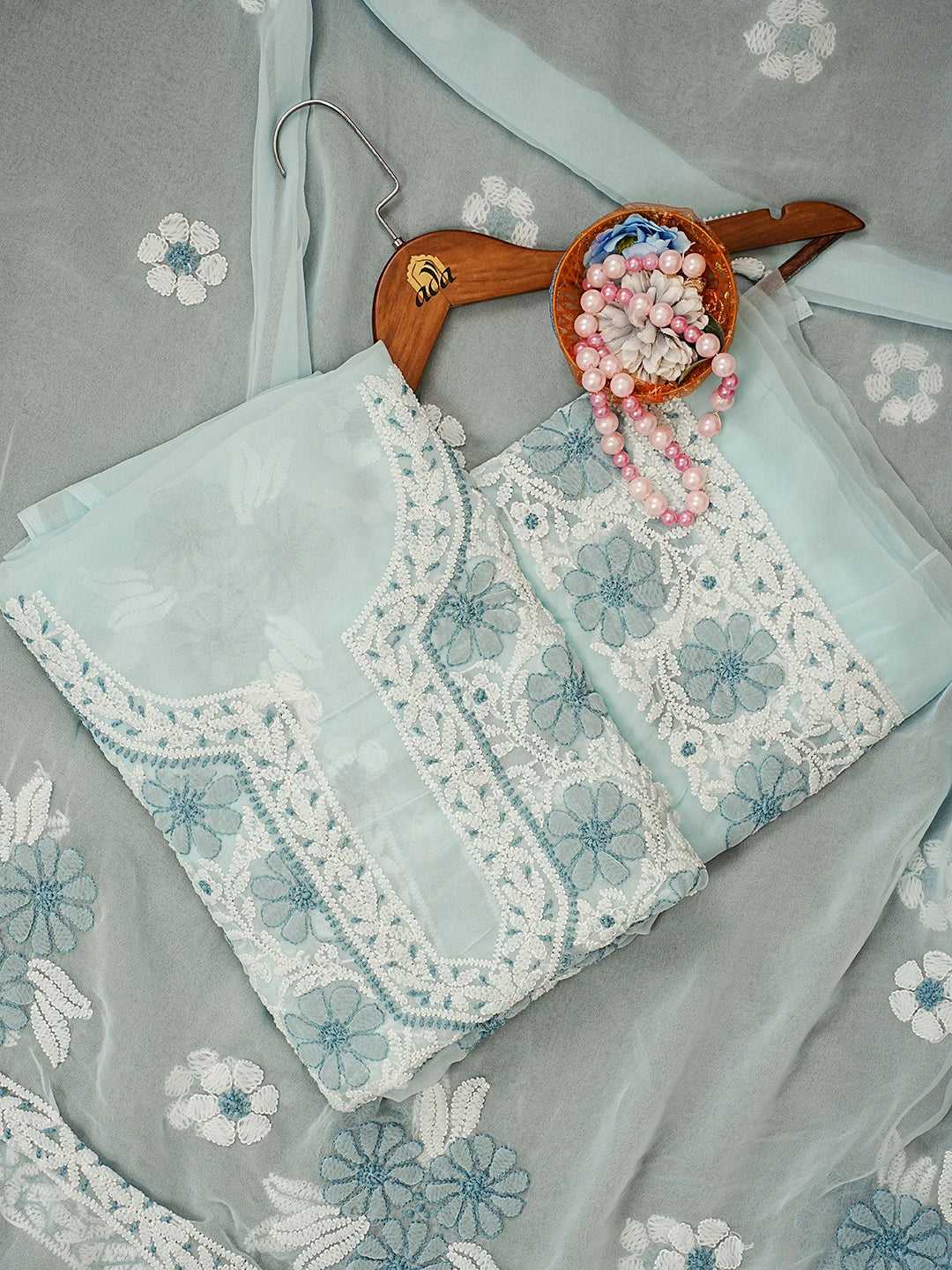 Ada Hand Embroidered Light Sky Blue Faux Georgette Lucknowi Chikankari Unstitched Suit Piece 01A545506