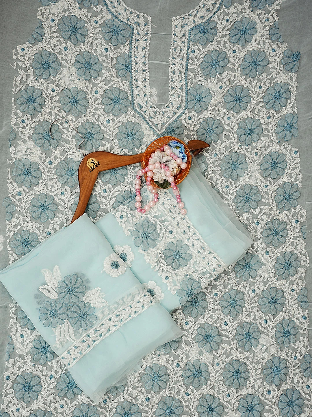 Ada Hand Embroidered Light Sky Blue Faux Georgette Lucknowi Chikankari Unstitched Suit Piece 01A545506