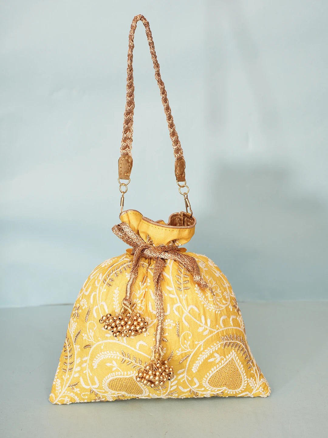 Ada Hand Embroidered Yellow Silk Lucknowi Chikankari Potli Bag With Zari Work 01A578164